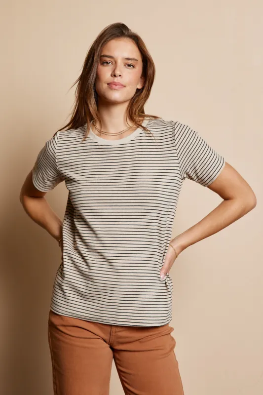 Beige Striped Short Sleeve Top sold by Pinkblush