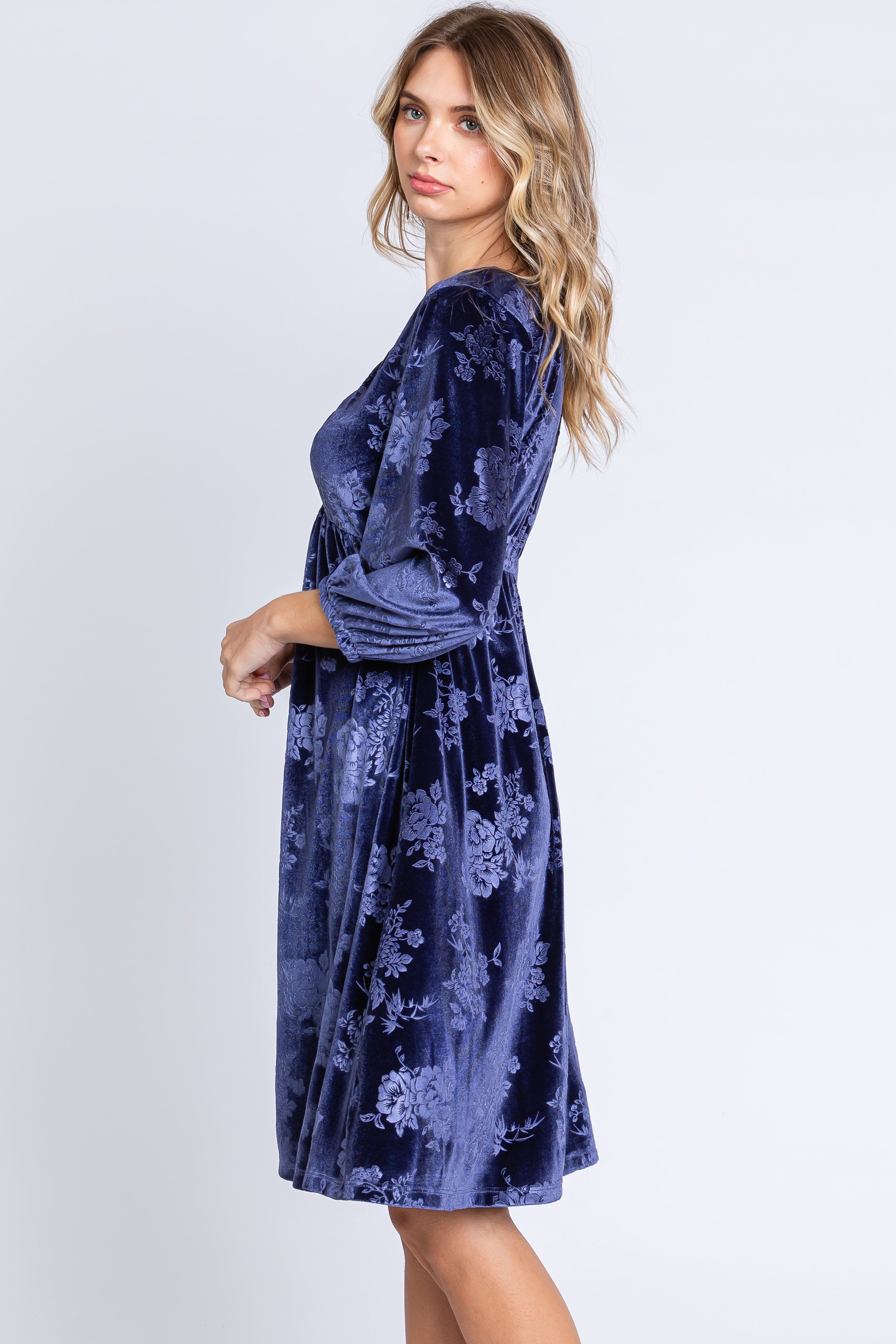 Navy Velvet Floral Ruched Neck Dress sold by Pinkblush product image thumbnail 3