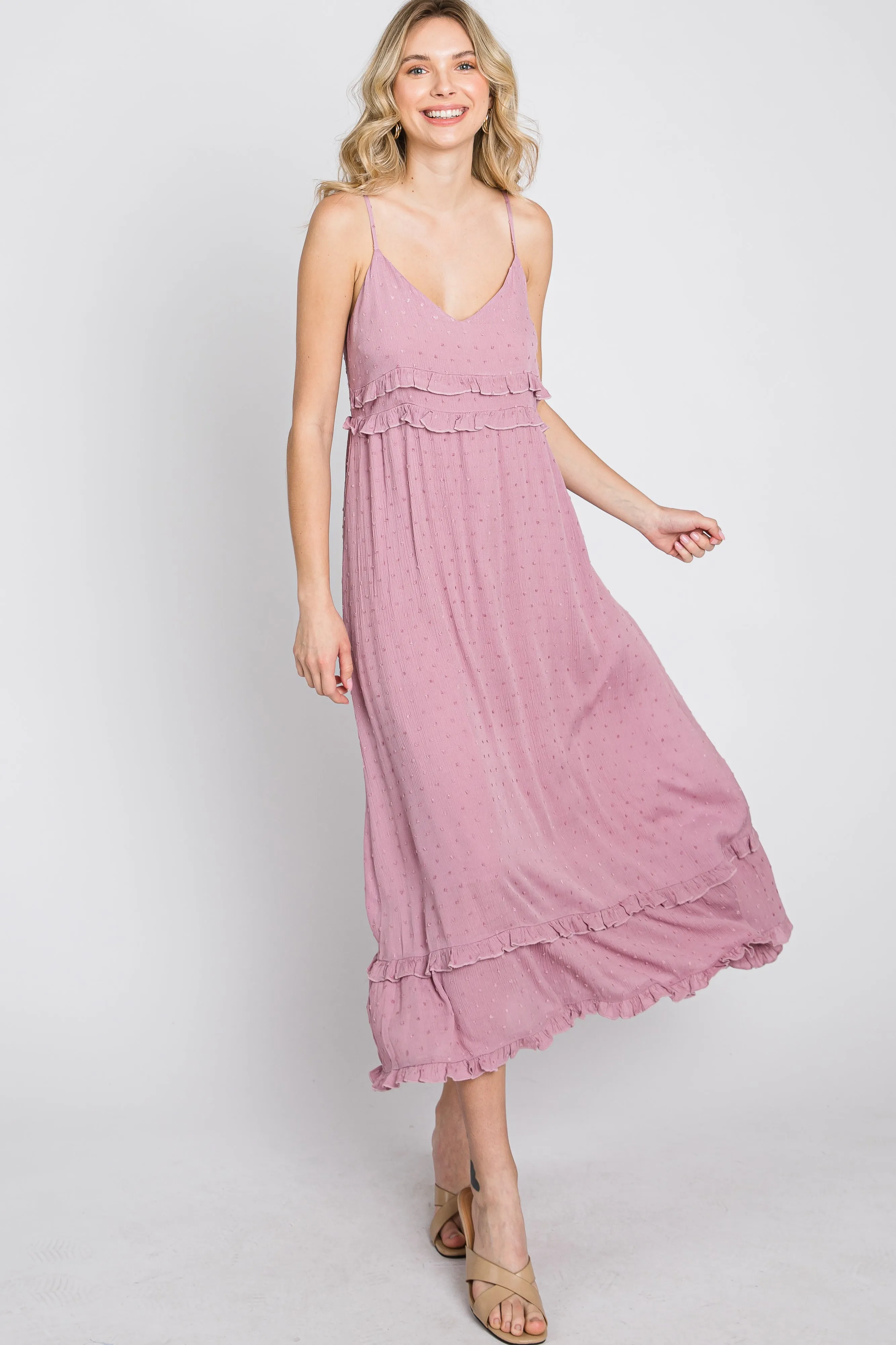Mauve Swiss Dot Ruffle Accent Maxi Dress sold by Pinkblush product image thumbnail 3