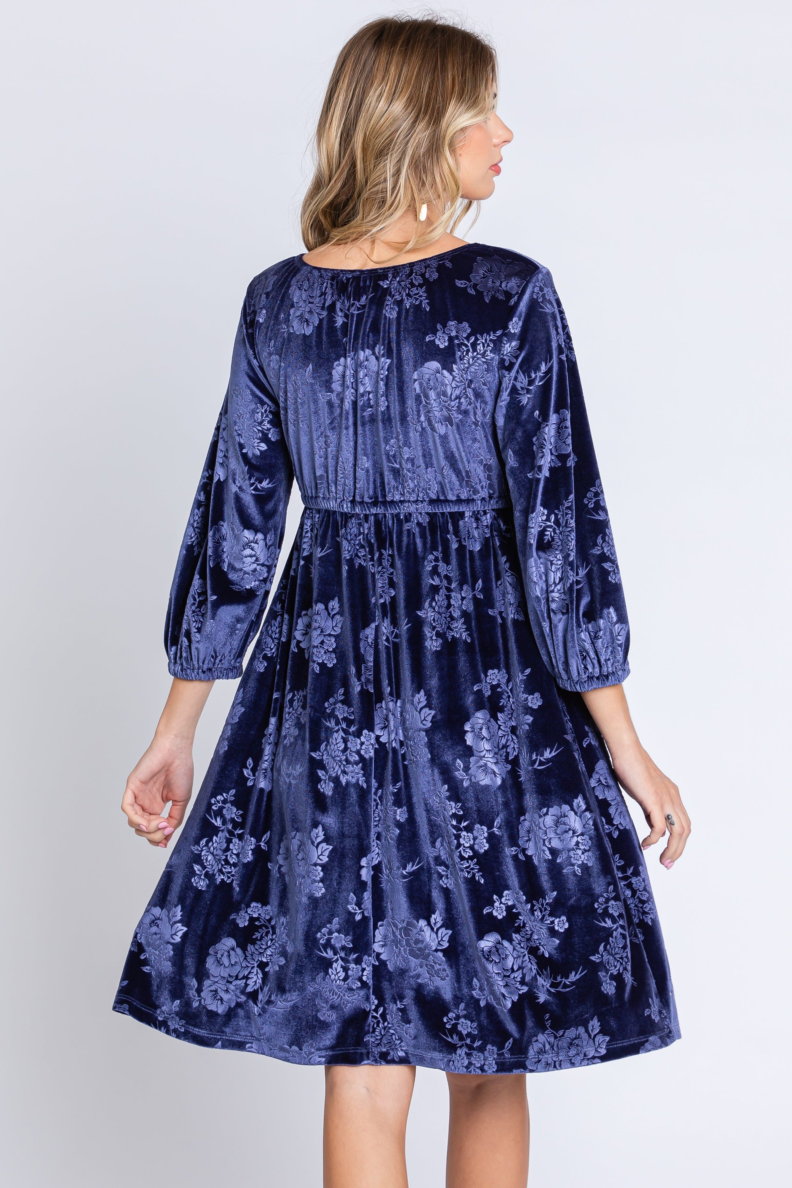 Navy Velvet Floral Ruched Neck Dress sold by Pinkblush product image thumbnail 4