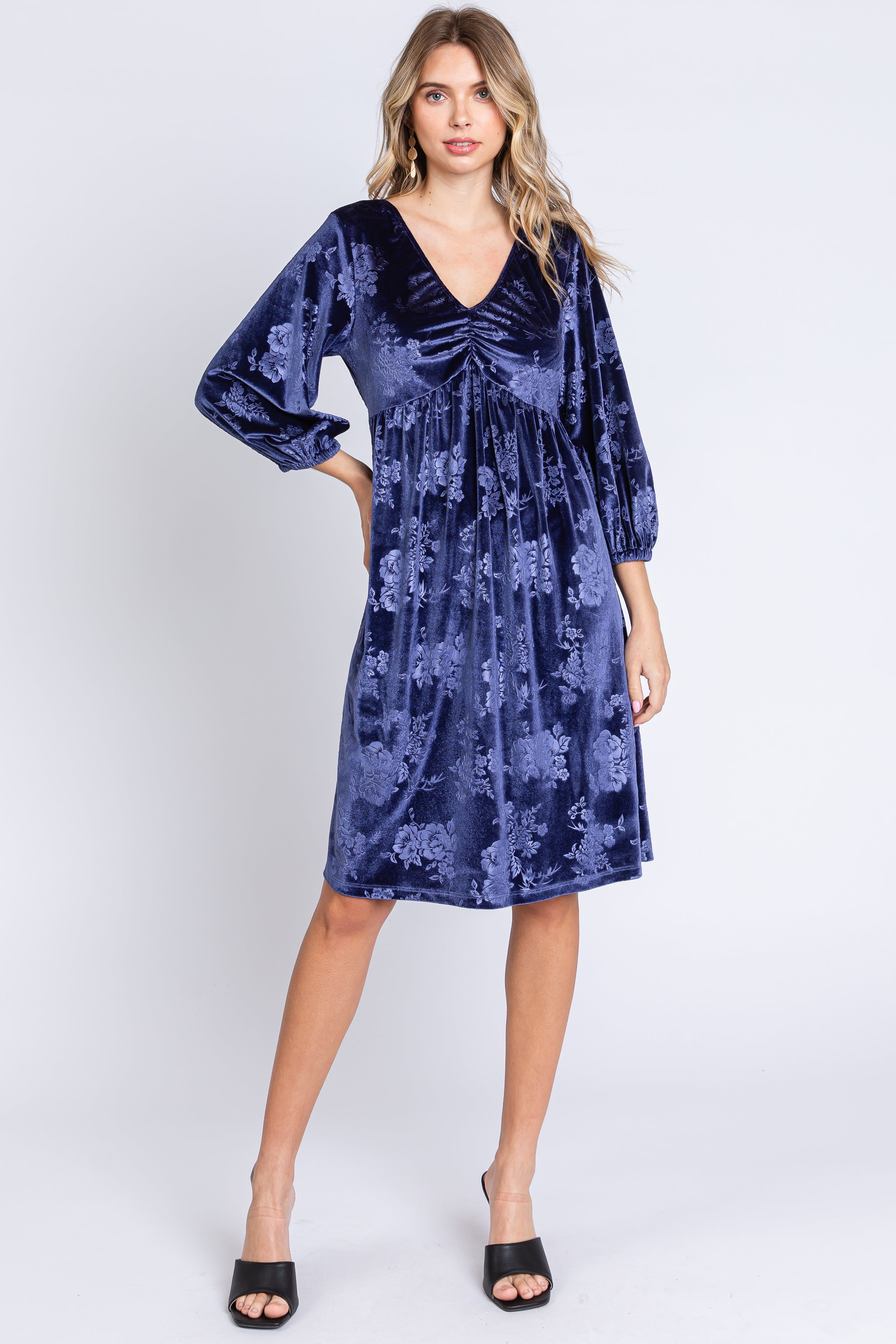 Navy Velvet Floral Ruched Neck Dress sold by Pinkblush