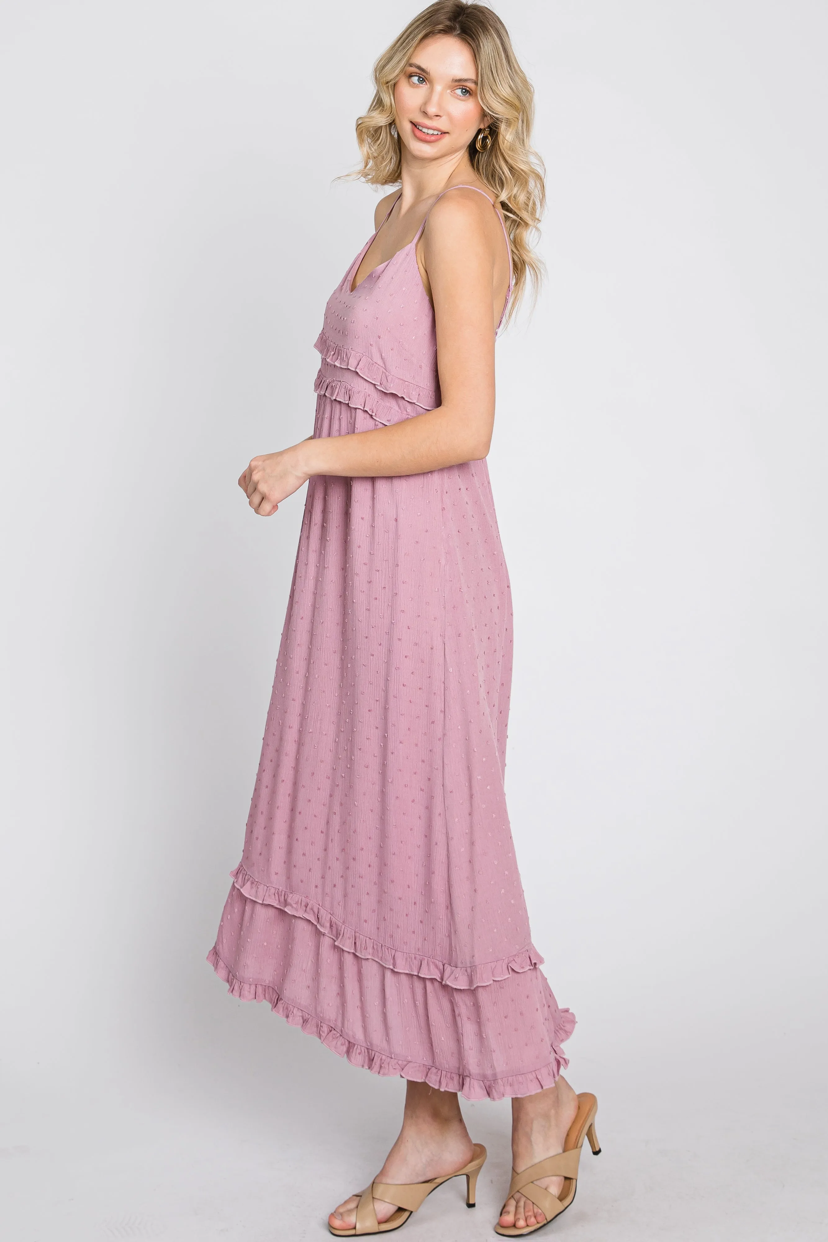 Mauve Swiss Dot Ruffle Accent Maxi Dress sold by Pinkblush product image thumbnail 4