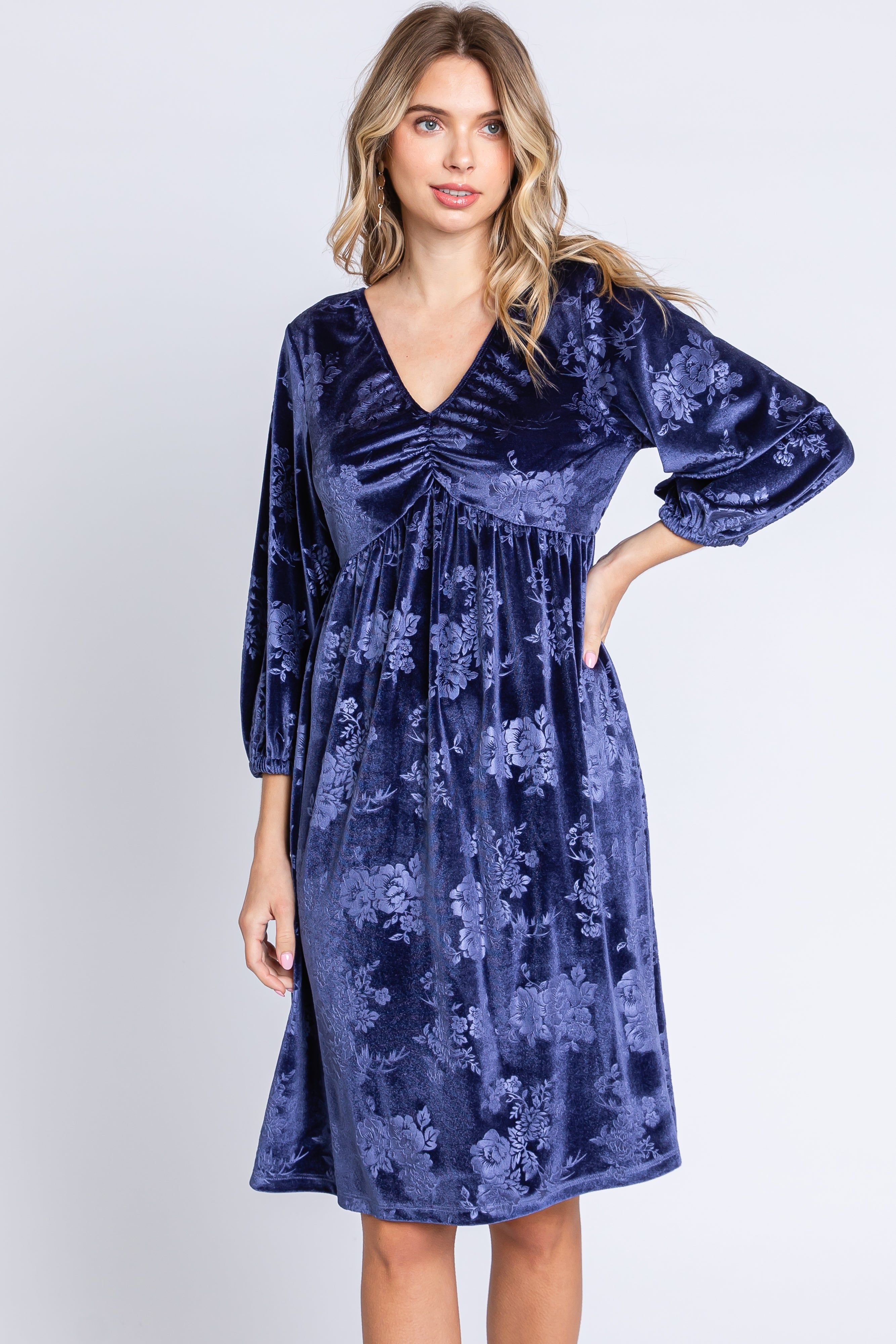 Navy Velvet Floral Ruched Neck Dress sold by Pinkblush product image thumbnail 2