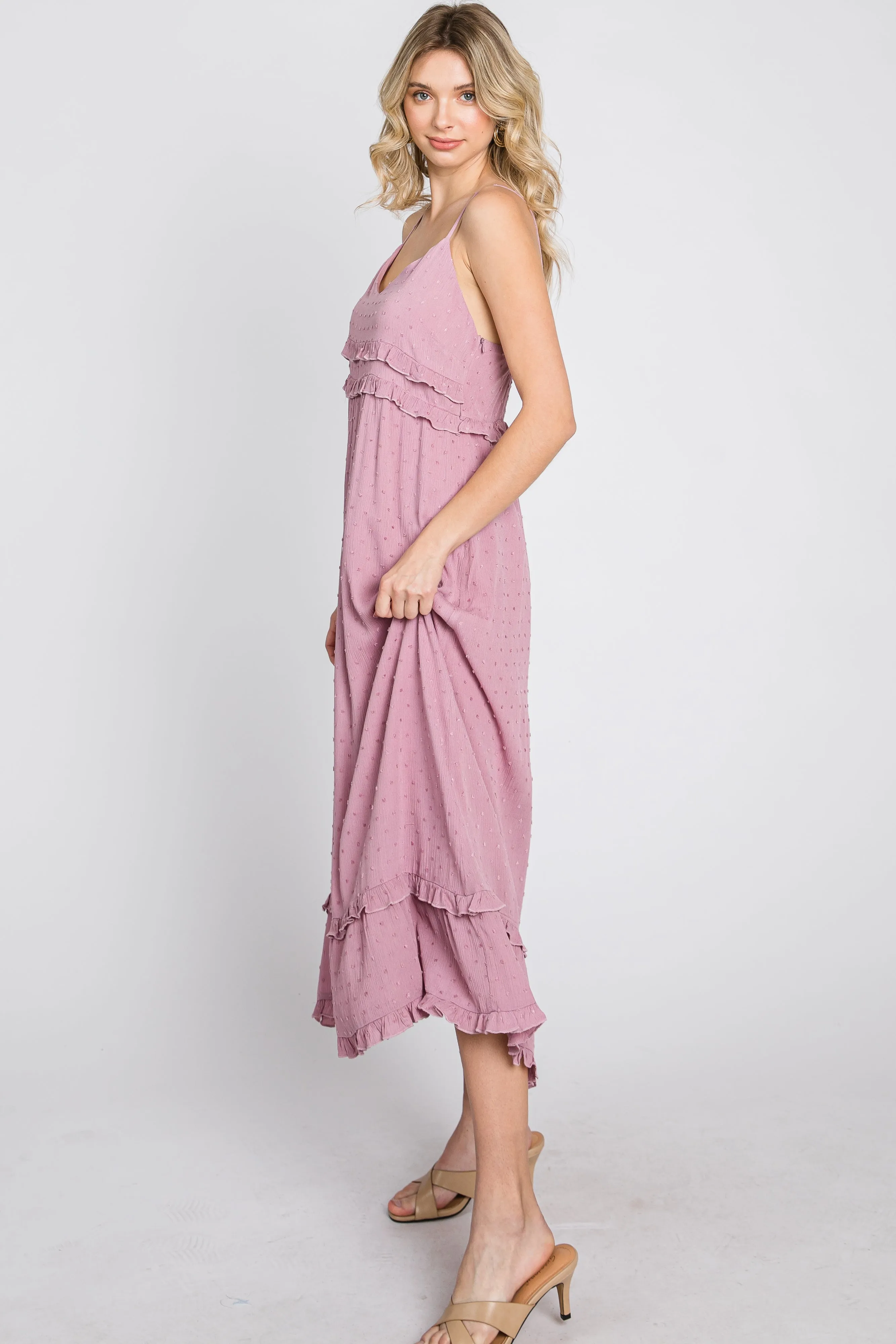 Mauve Swiss Dot Ruffle Accent Maxi Dress sold by Pinkblush product image thumbnail 5