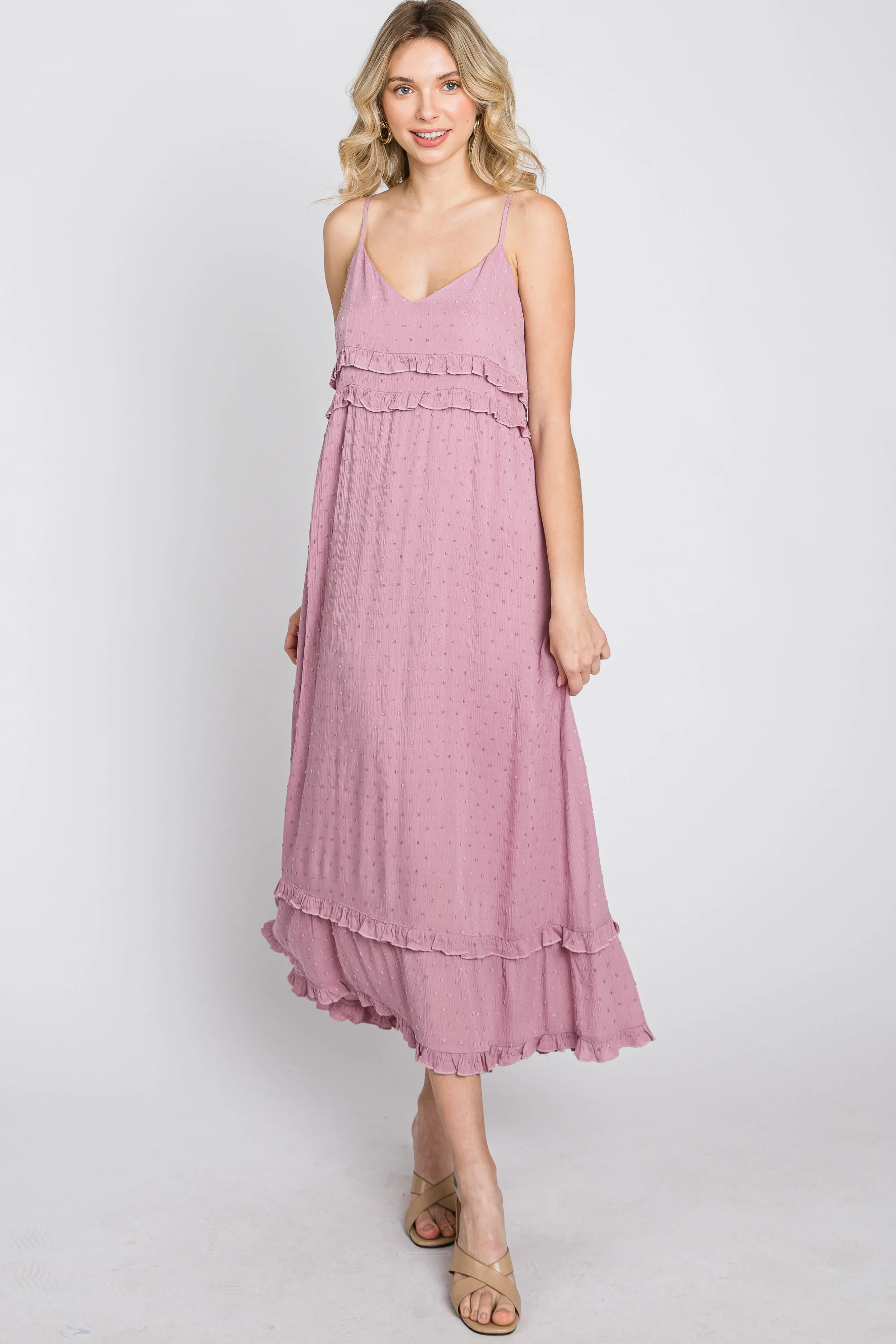 Mauve Swiss Dot Ruffle Accent Maxi Dress sold by Pinkblush product image thumbnail 2