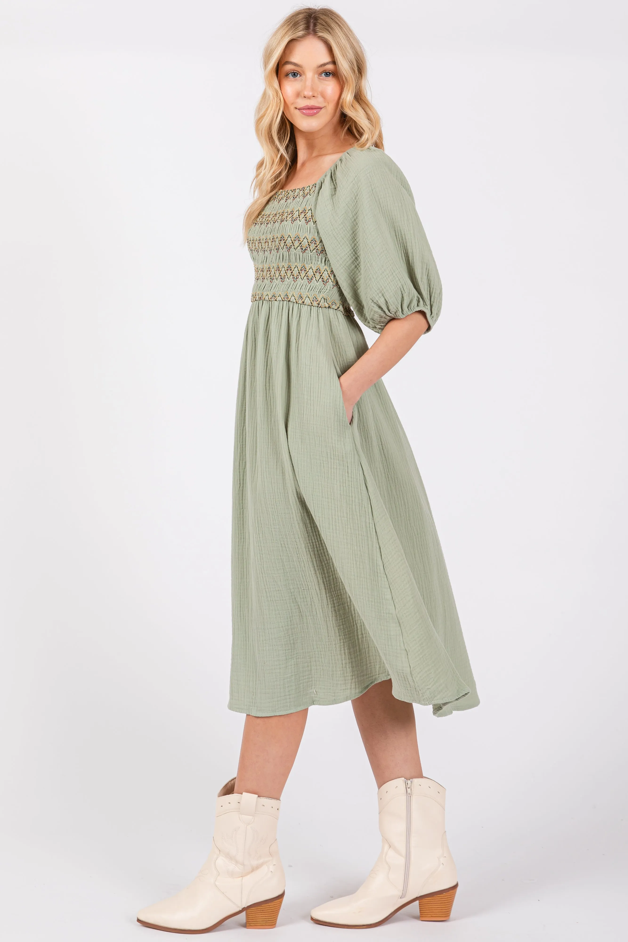 Light Olive Embroidered Midi Dress sold by Pinkblush product image thumbnail 3