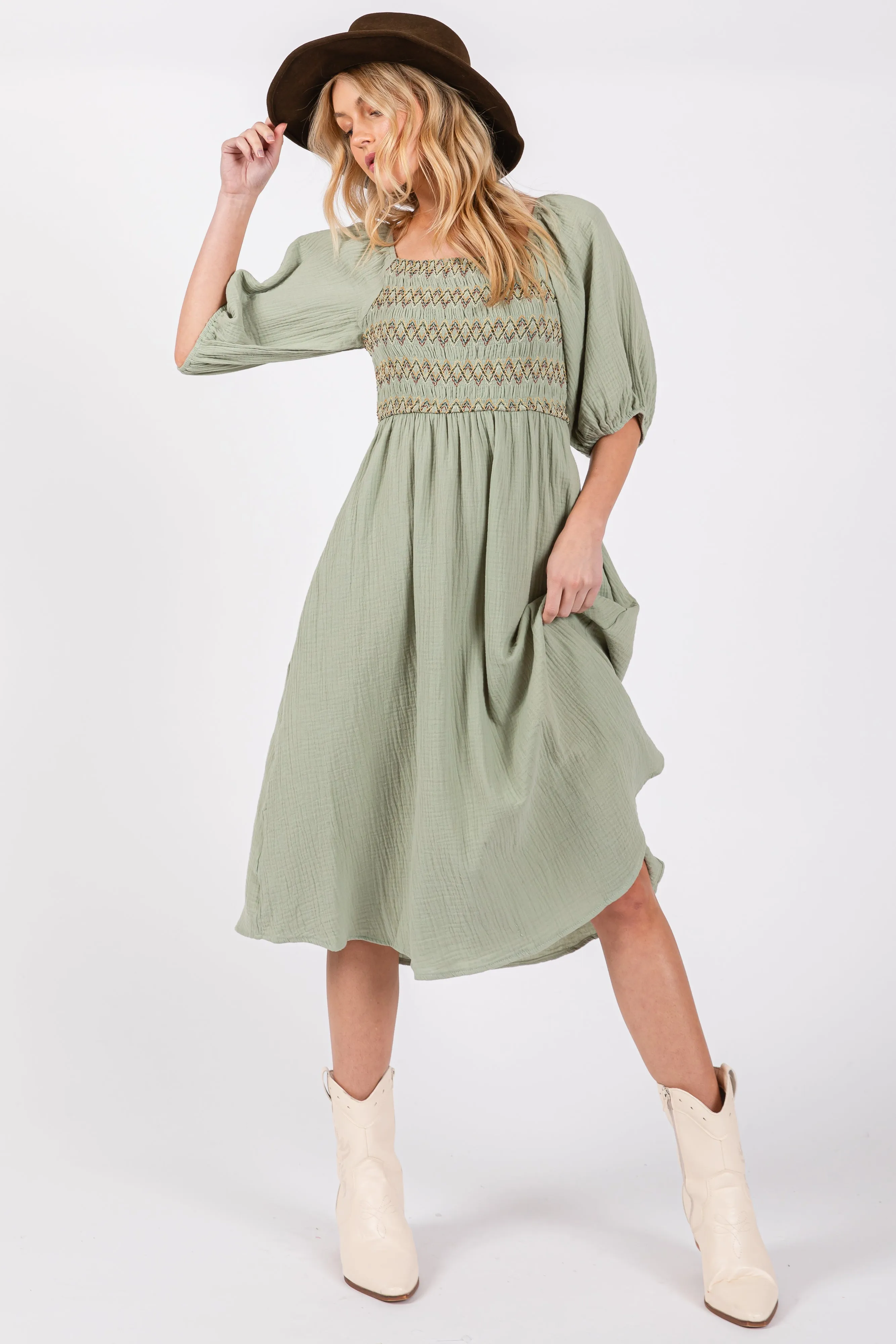 Light Olive Embroidered Midi Dress sold by Pinkblush