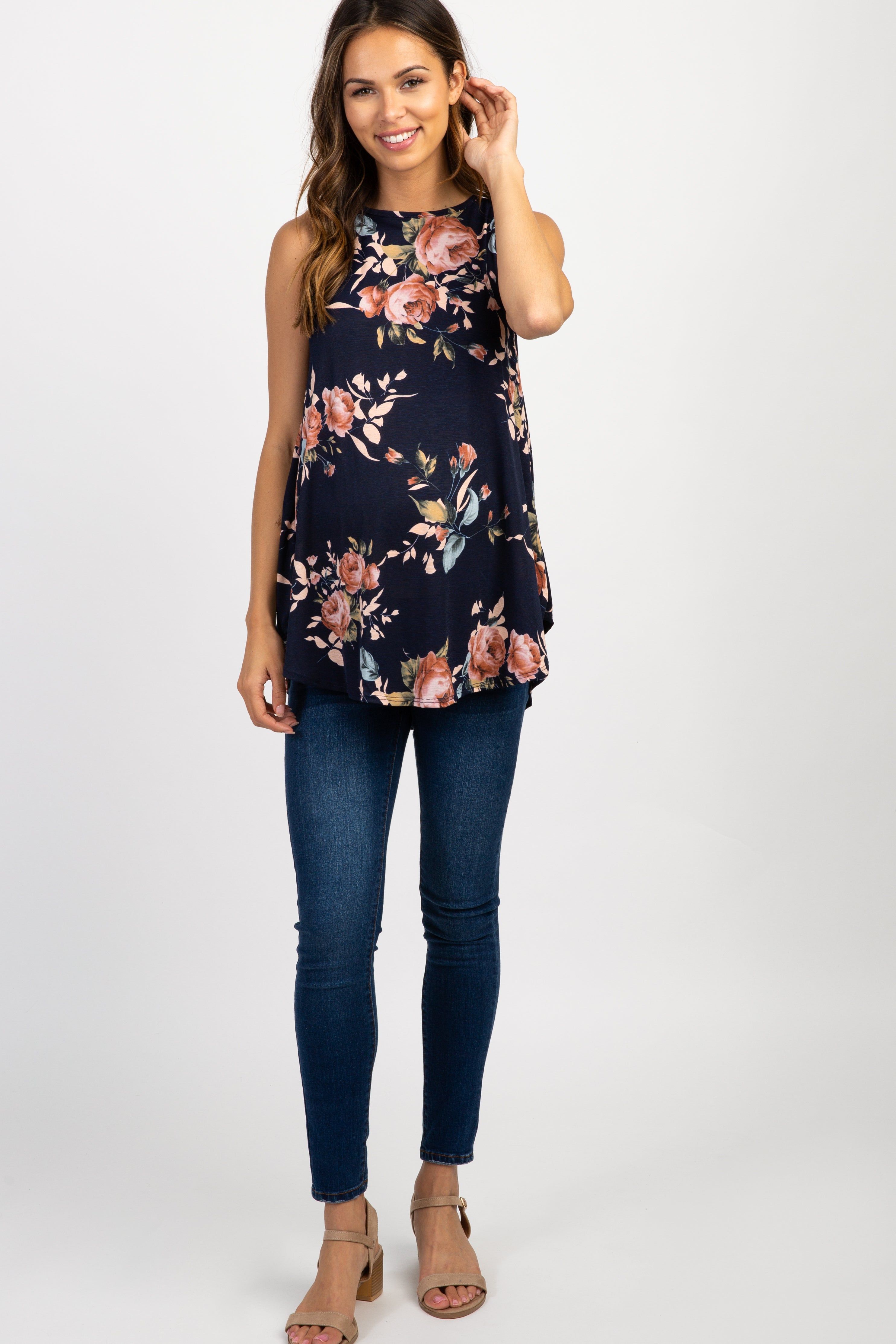 Navy Blue Floral Sleeveless Maternity Top sold by Pinkblush product image thumbnail 4