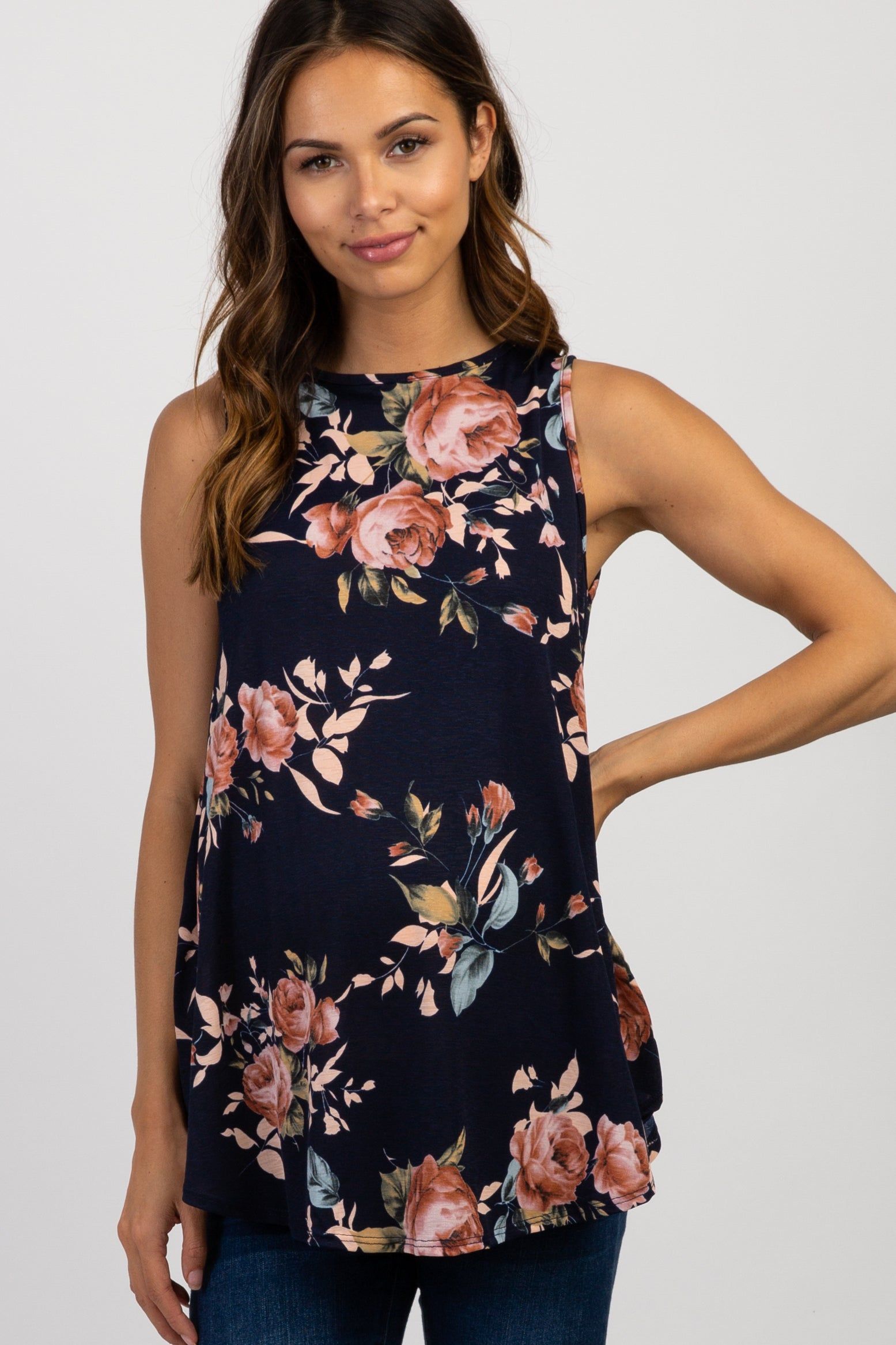 Navy Blue Floral Sleeveless Maternity Top sold by Pinkblush