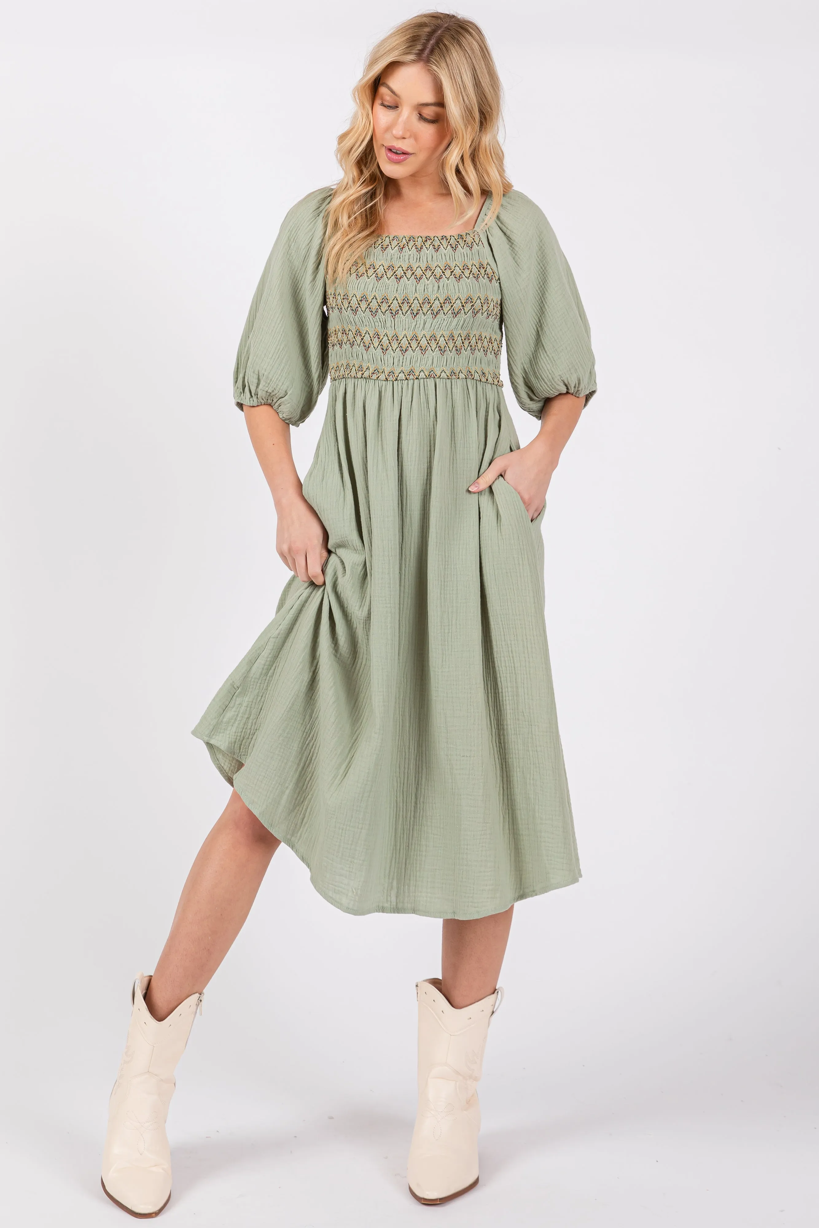 Light Olive Embroidered Midi Dress sold by Pinkblush product image thumbnail 2