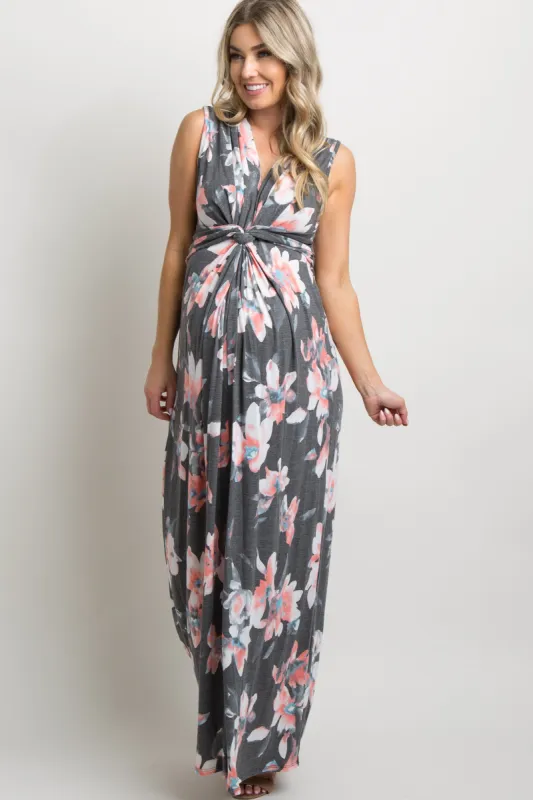 Charcoal Grey Floral Sleeveless Knot Front Maternity Maxi Dress sold by Pinkblush