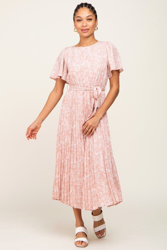 Light Pink Floral Pleated Midi Dress sold by Pinkblush