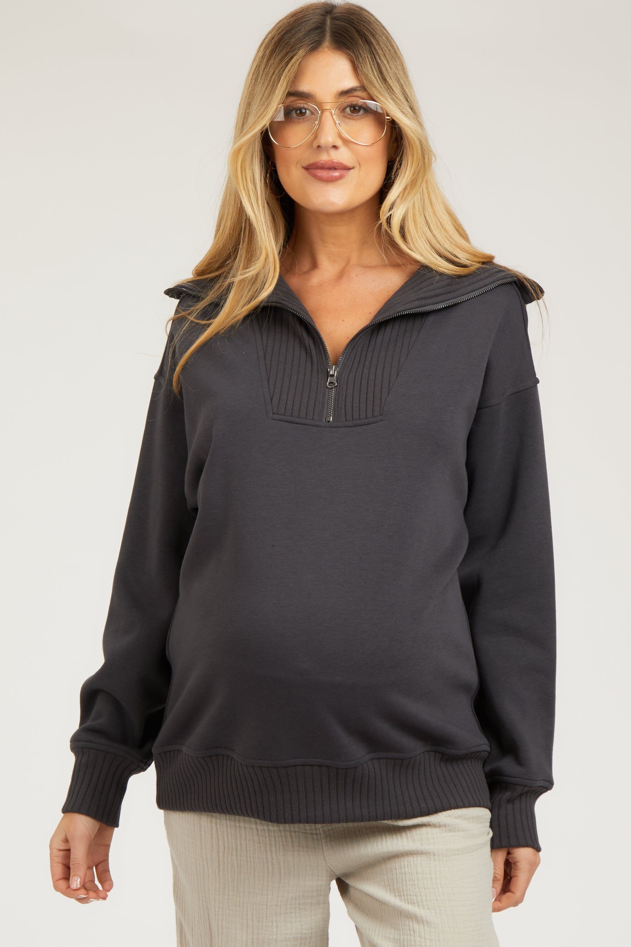 Charcoal High-Neck Maternity Fleece Pullover sold by Pinkblush