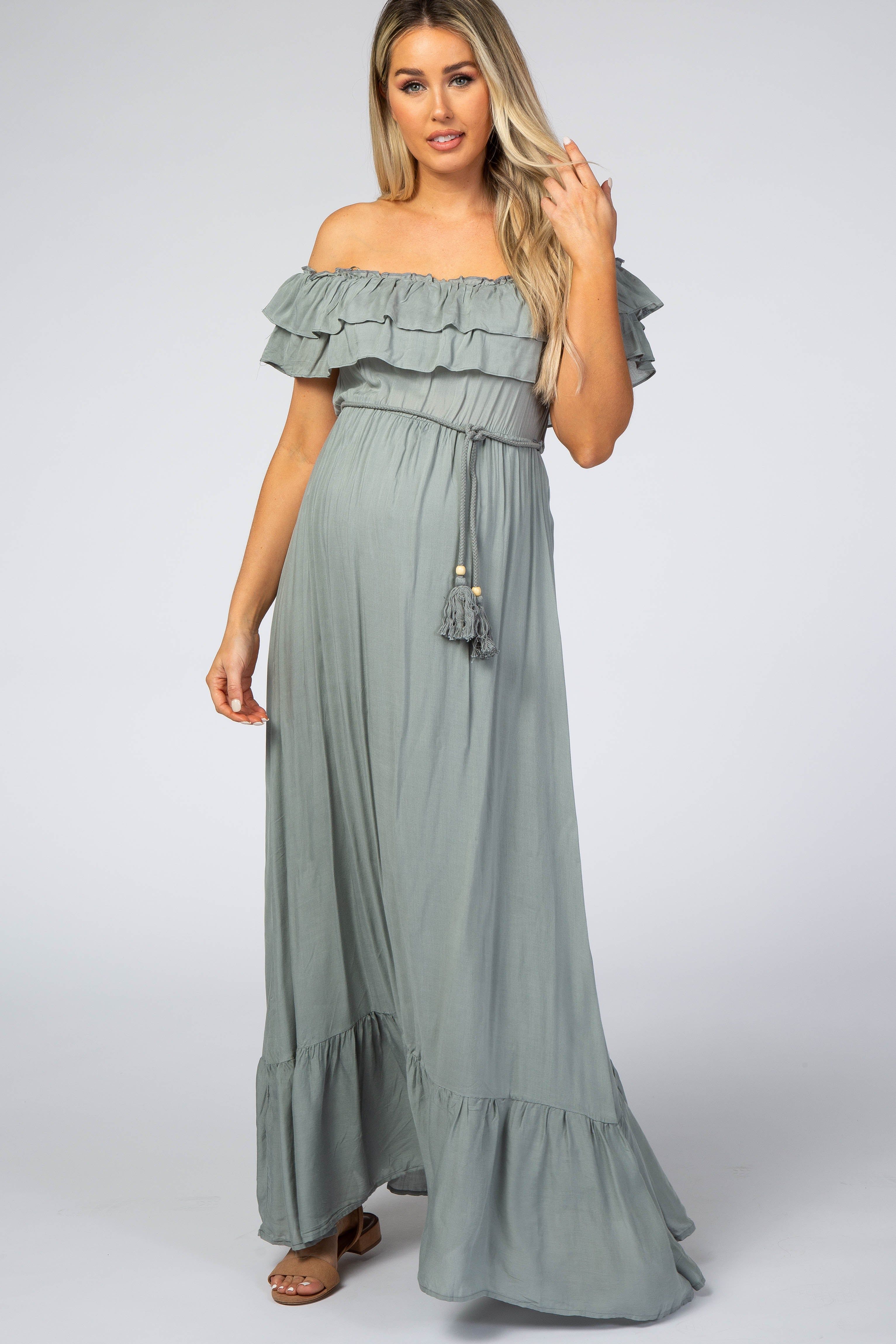 Sage Off Shoulder Tassel Tie Maternity Maxi Dress sold by Pinkblush product image thumbnail 4