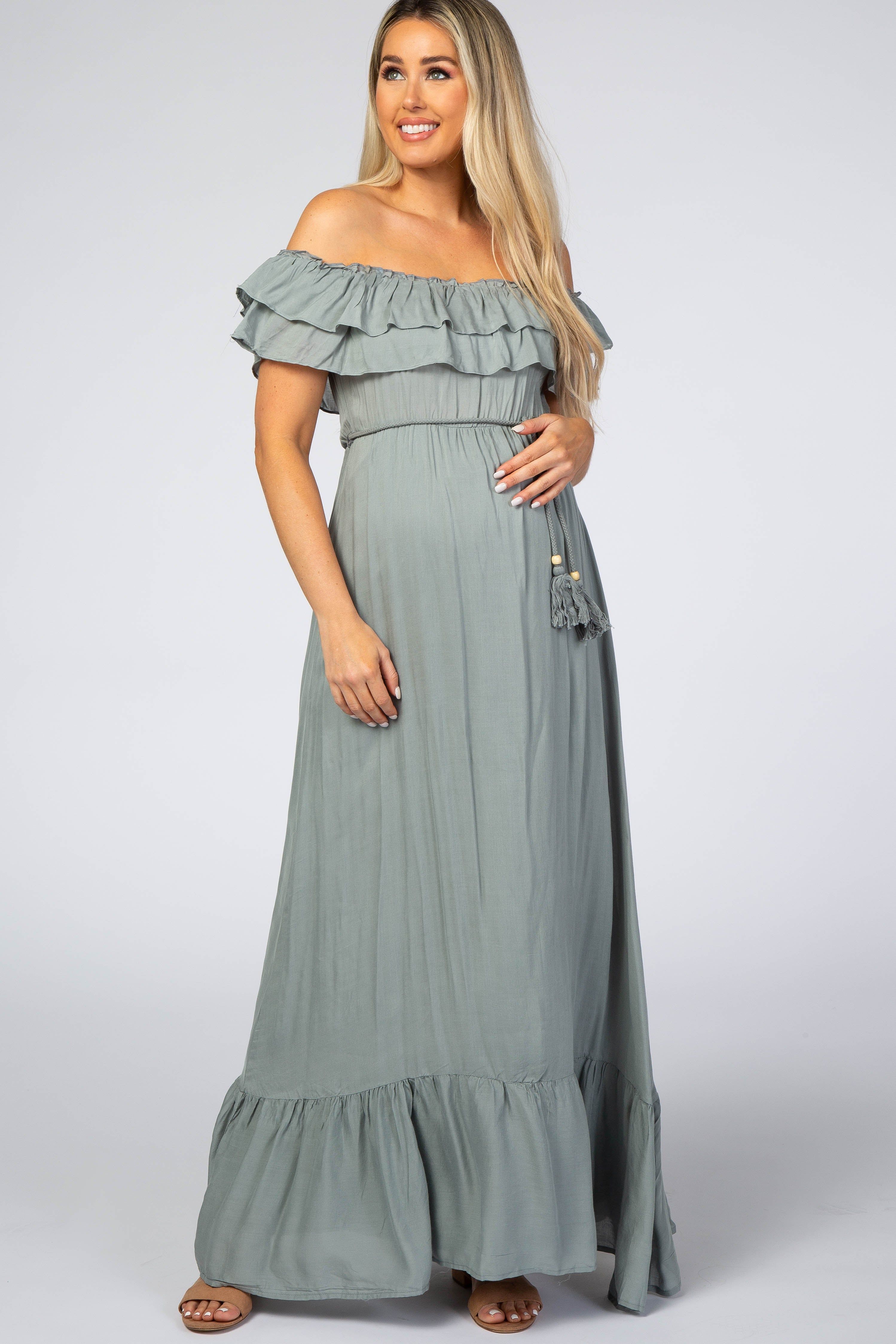 Sage Off Shoulder Tassel Tie Maternity Maxi Dress sold by Pinkblush