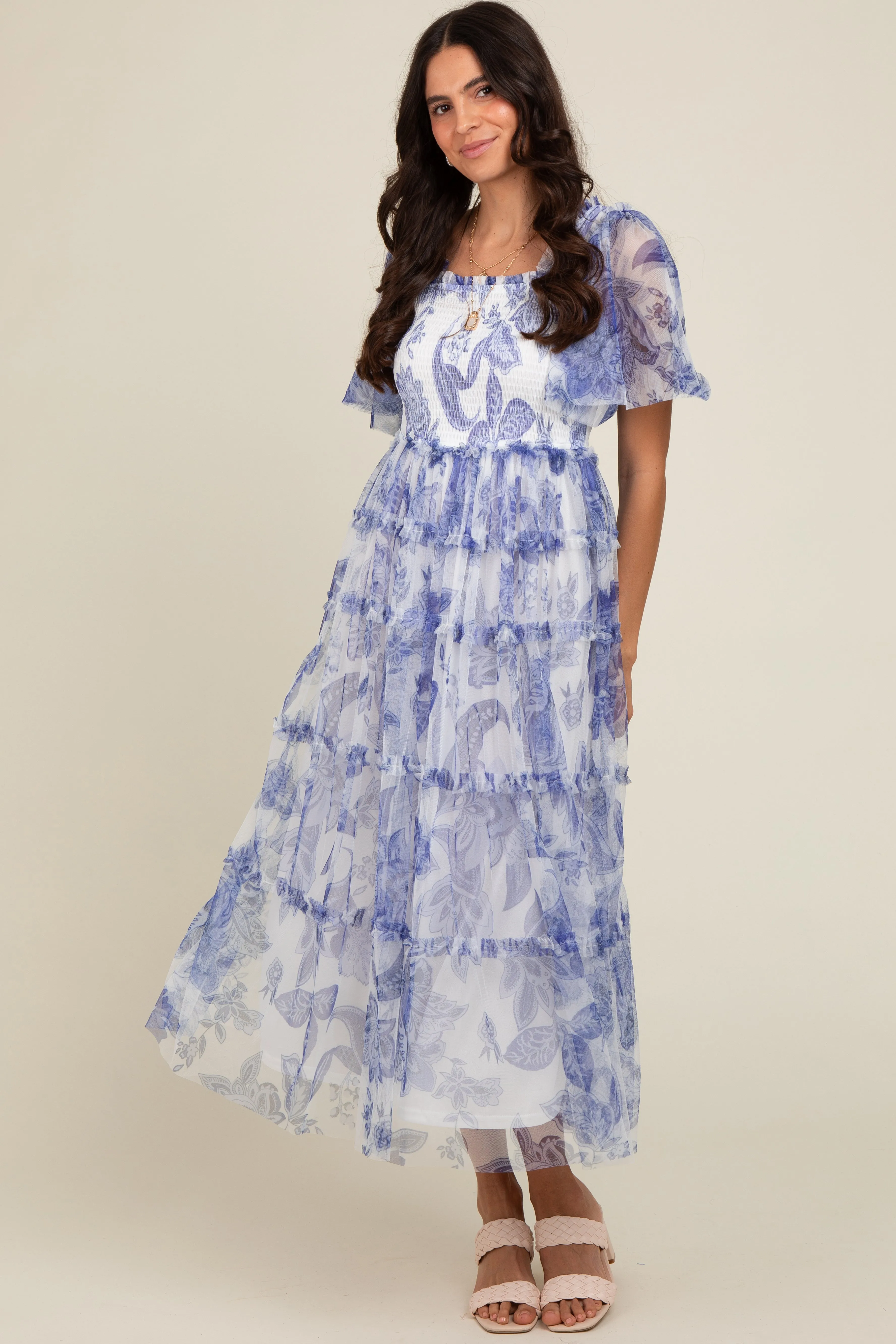 White Floral Smocked Tulle Maternity Maxi Dress sold by Pinkblush product image thumbnail 5