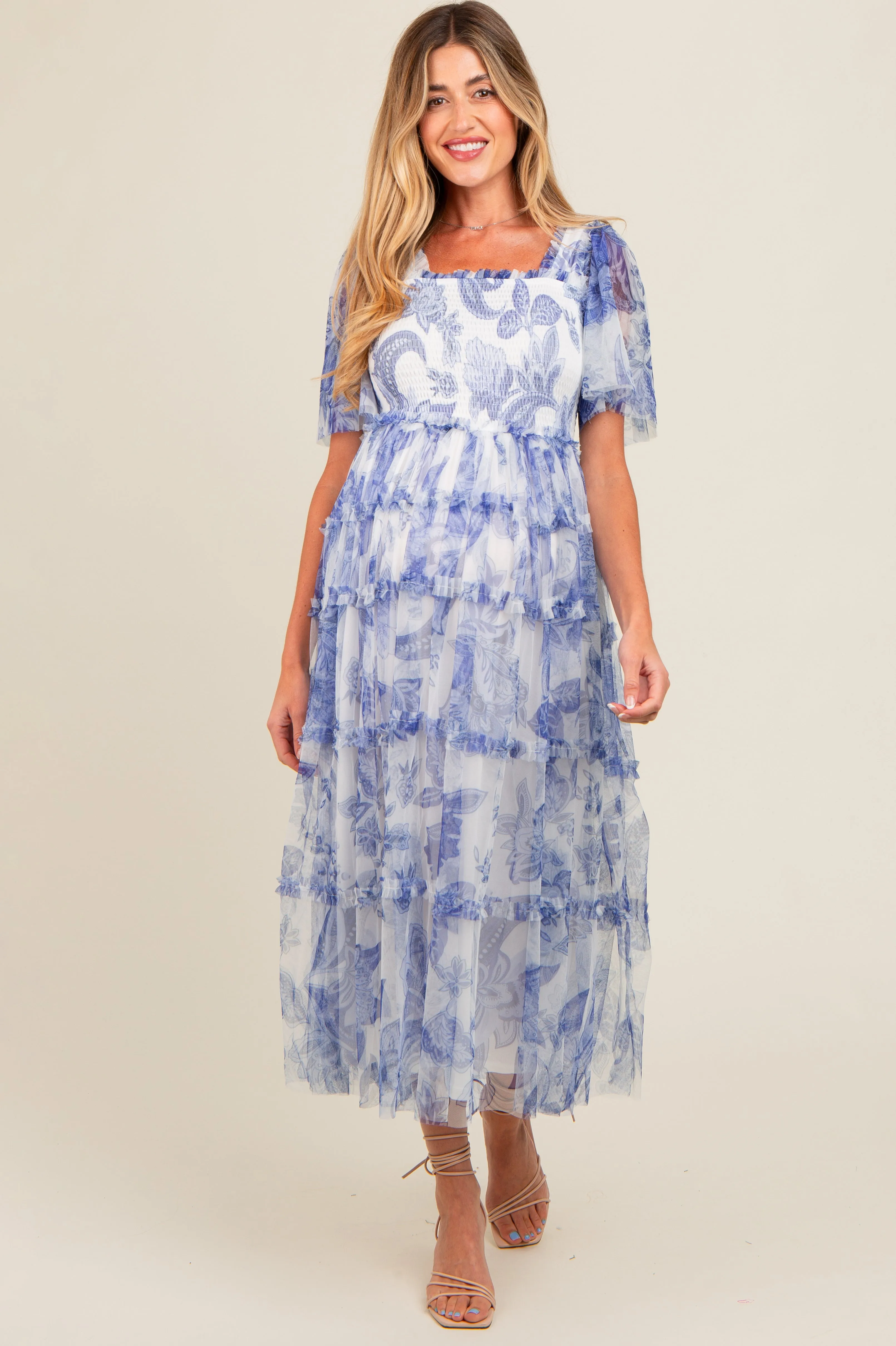 White Floral Smocked Tulle Maternity Maxi Dress sold by Pinkblush product image thumbnail 2