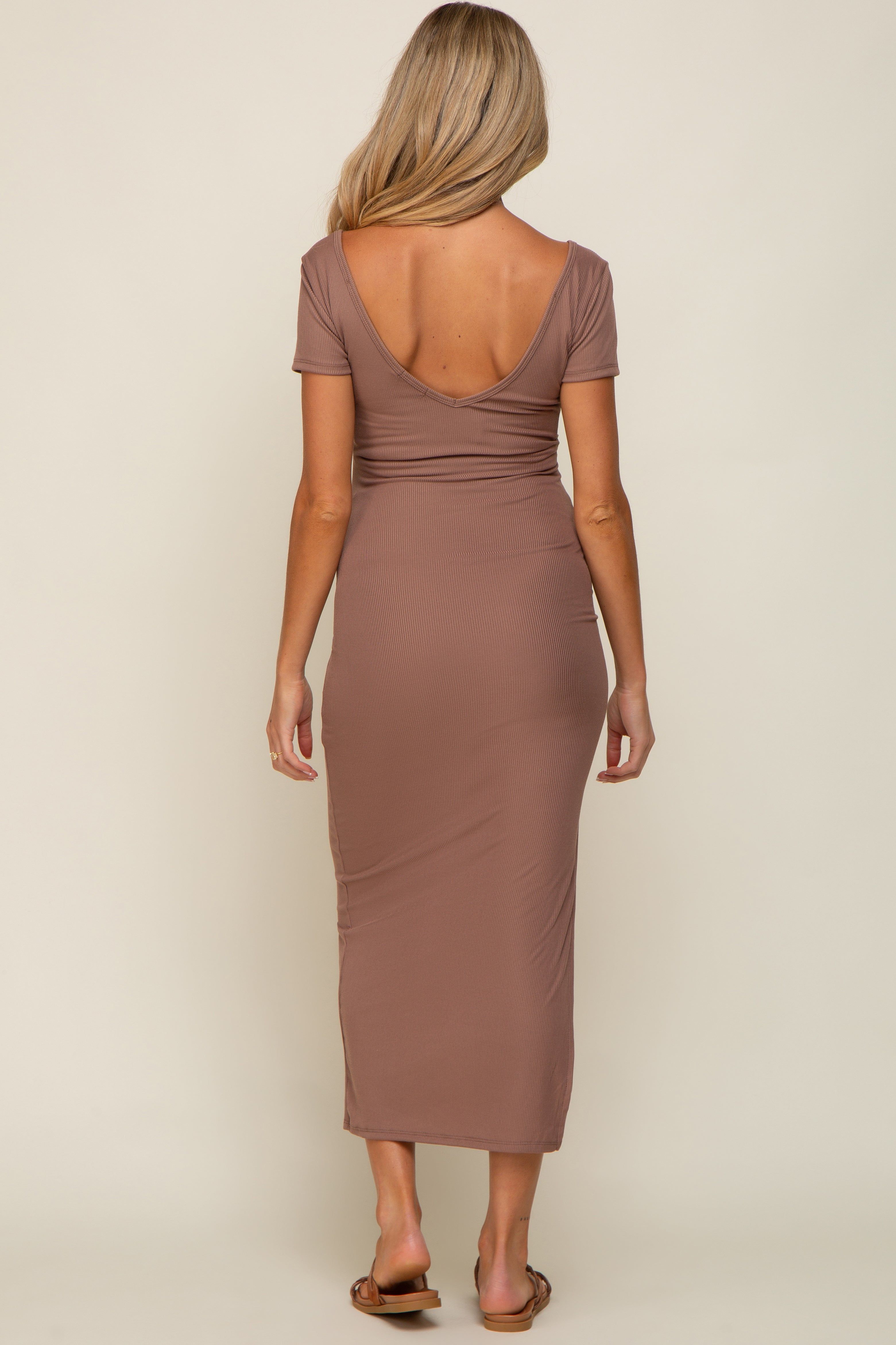 Mocha Basic Ribbed Side Slit Maternity Midi Dress sold by Pinkblush product image thumbnail 3