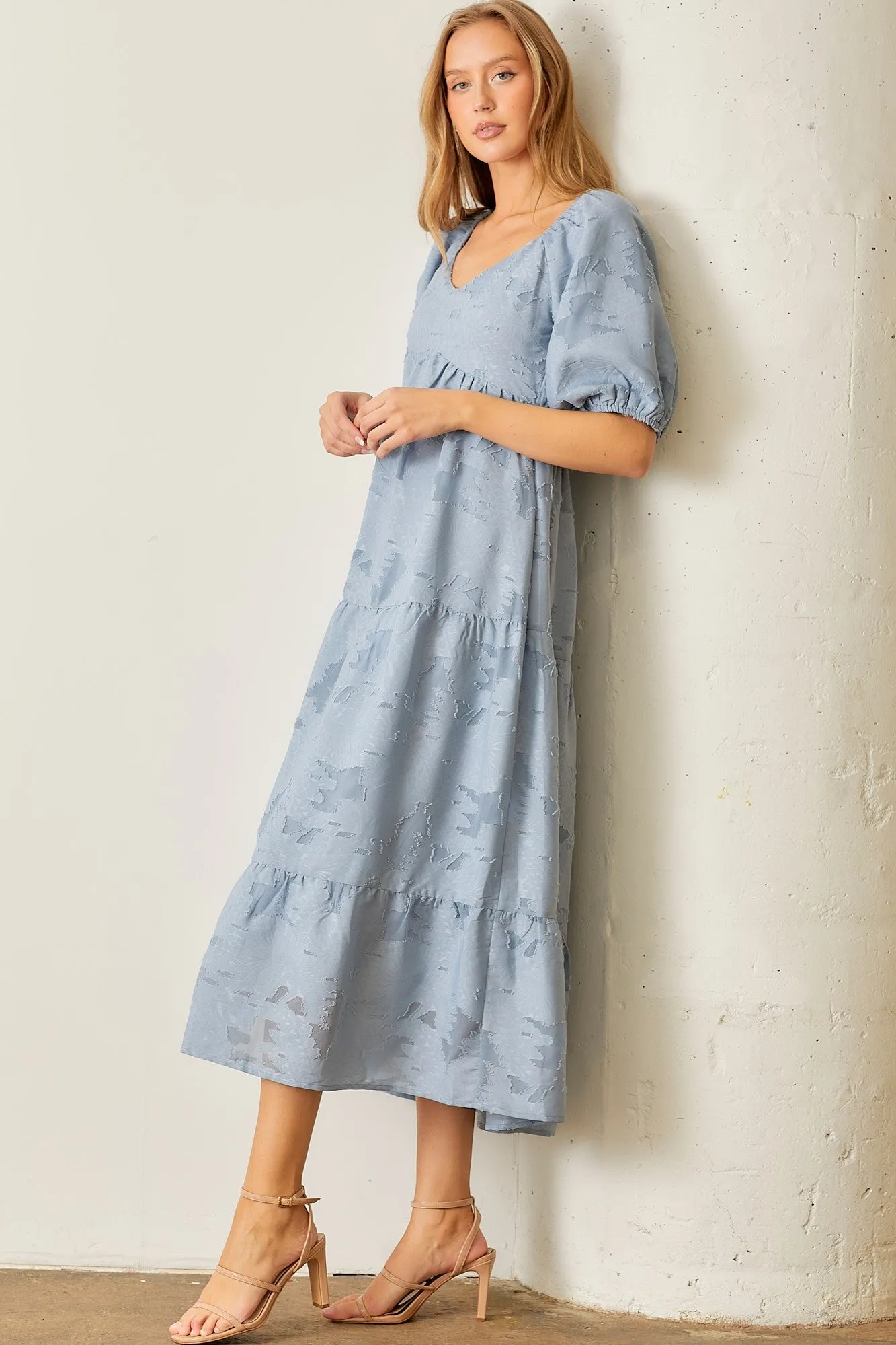 Blue Floral Textured Tiered Midi Dress sold by Pinkblush product image thumbnail 2