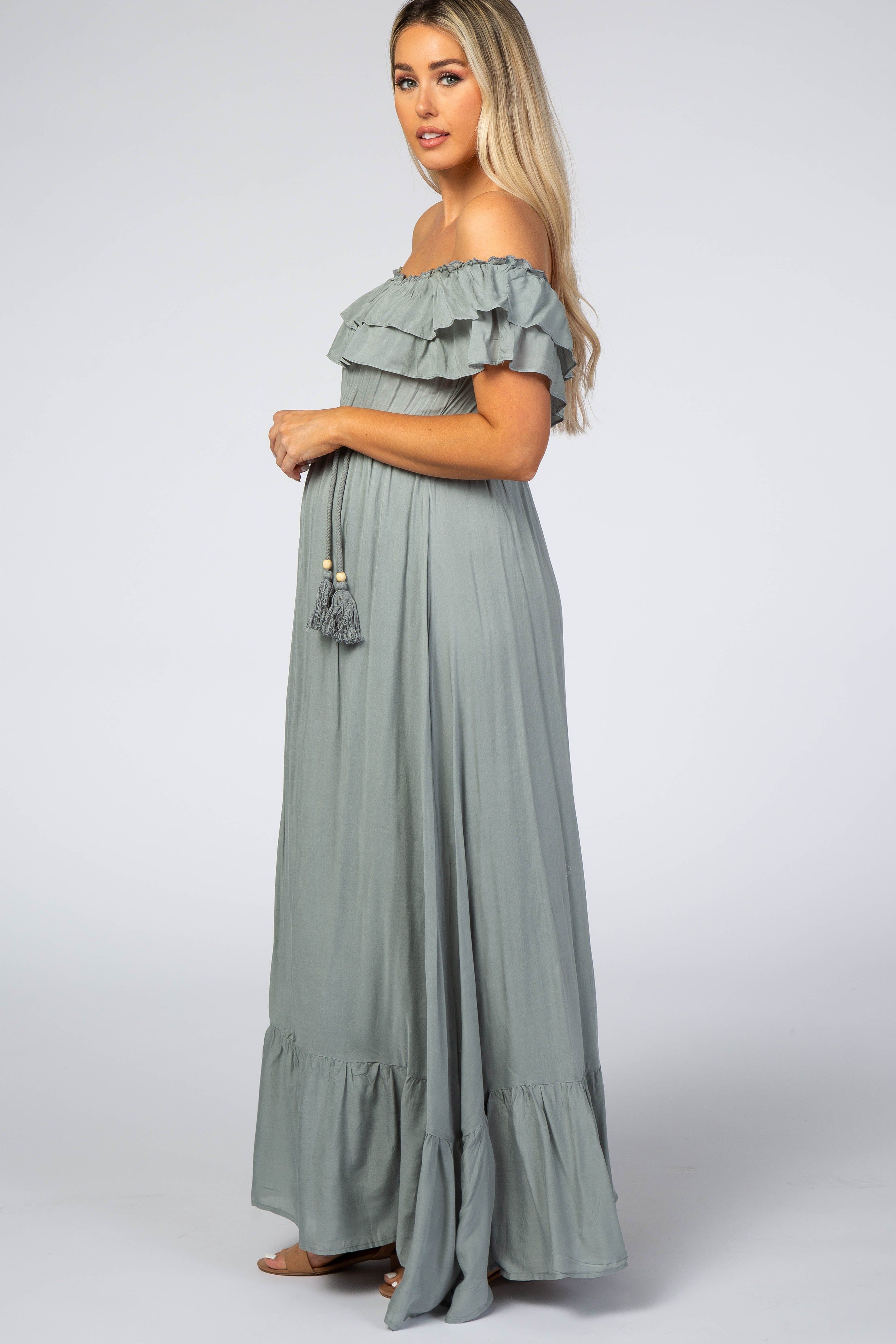 Sage Off Shoulder Tassel Tie Maternity Maxi Dress sold by Pinkblush product image thumbnail 2