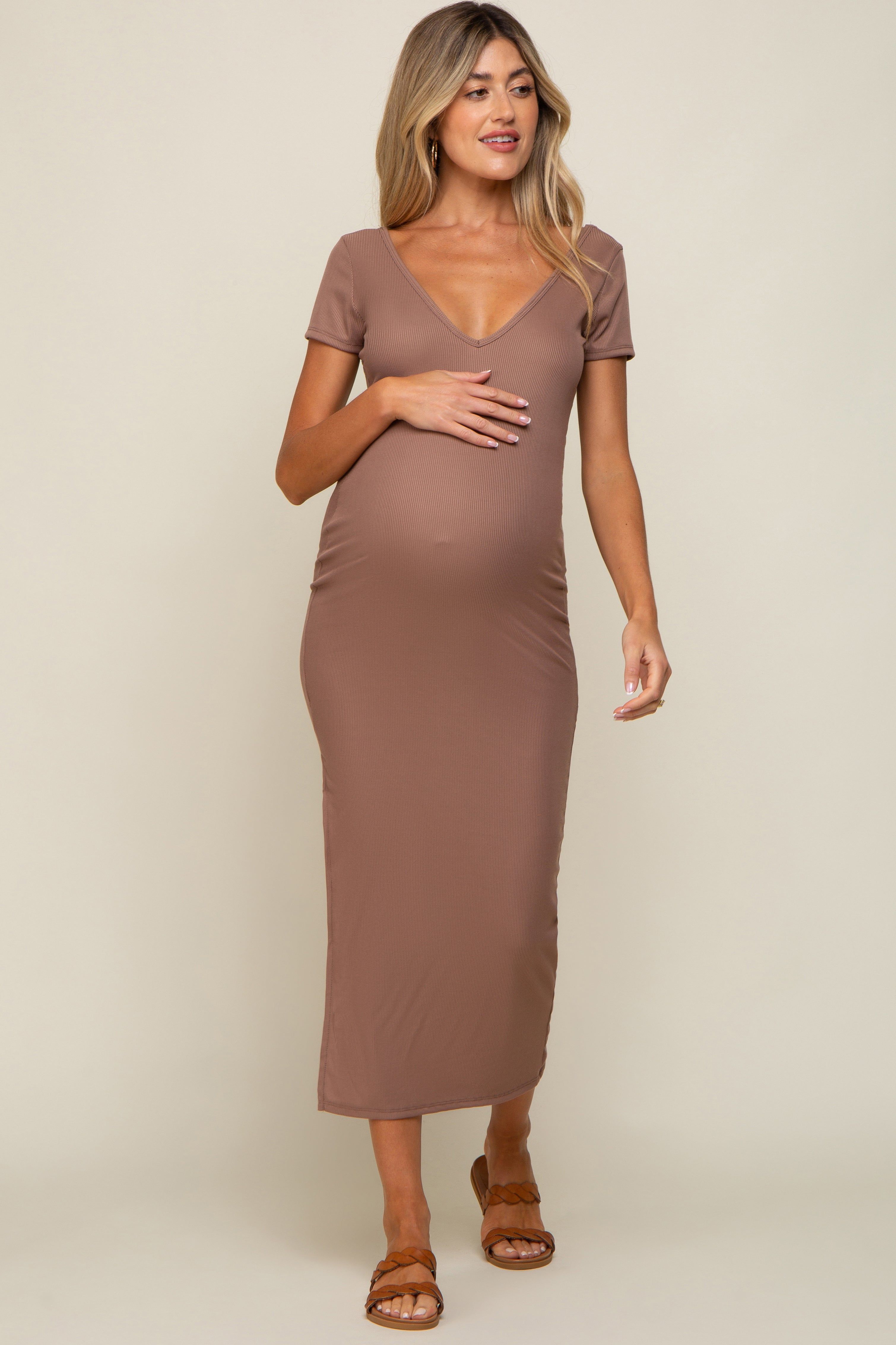 Mocha Basic Ribbed Side Slit Maternity Midi Dress sold by Pinkblush