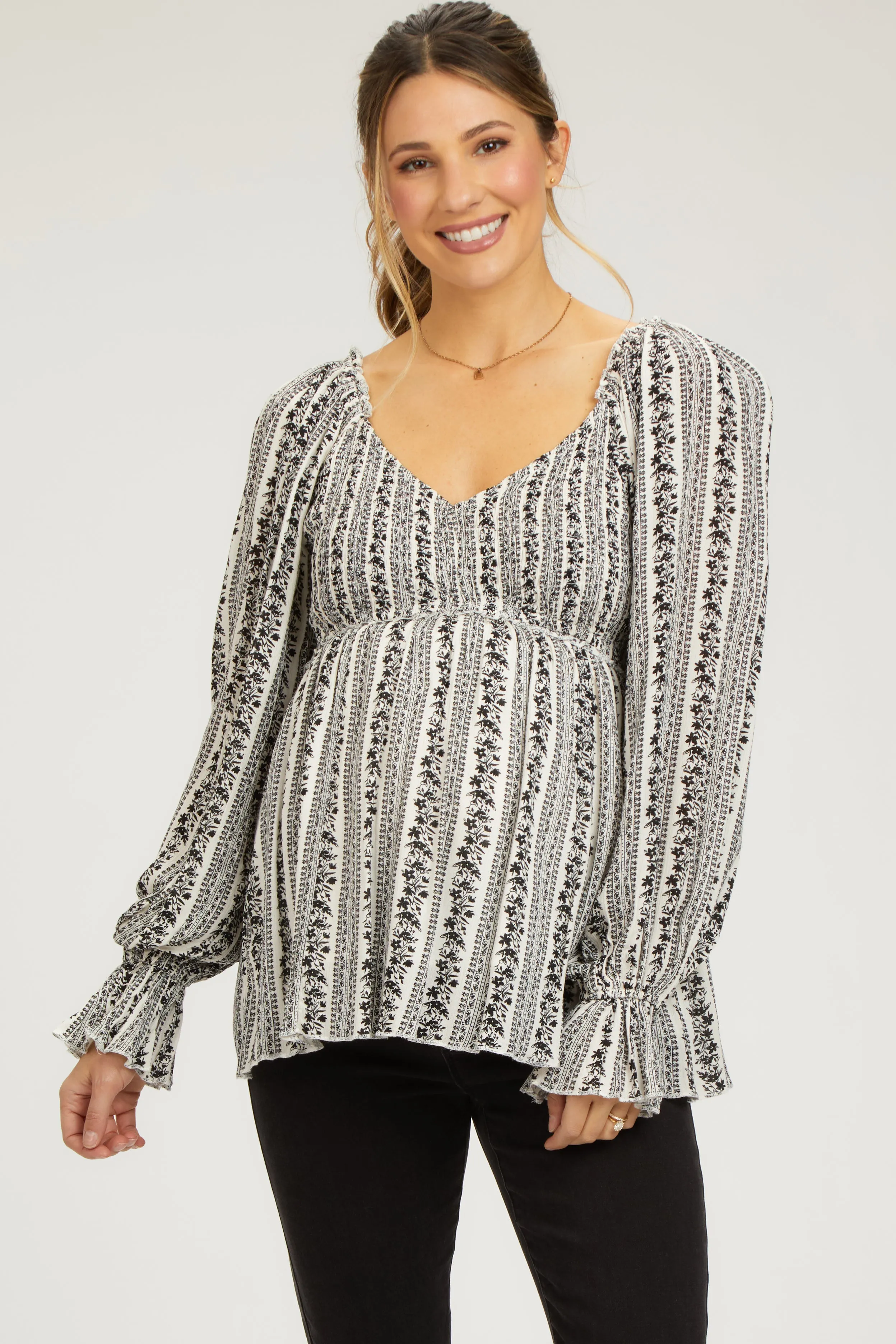 Black Floral Long Sleeve Maternity Blouse sold by Pinkblush