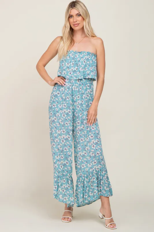 Aqua Floral Strapless Ruffle Jumpsuit sold by Pinkblush