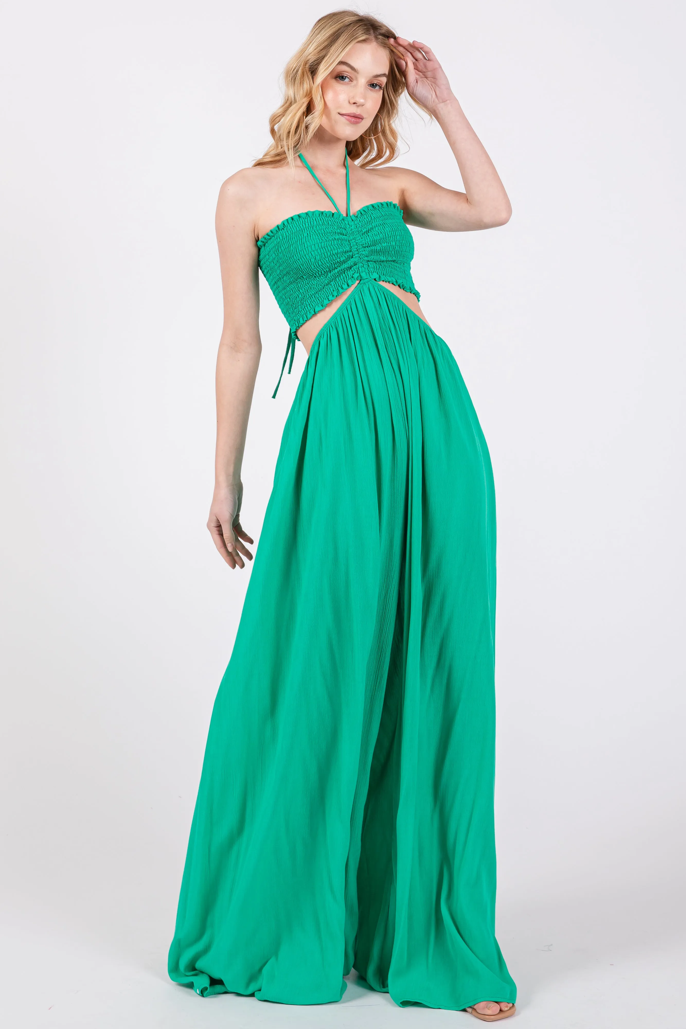 Green Smocked Drawstring Halter Side Cutout Maternity Jumpsuit sold by Pinkblush product image thumbnail 4