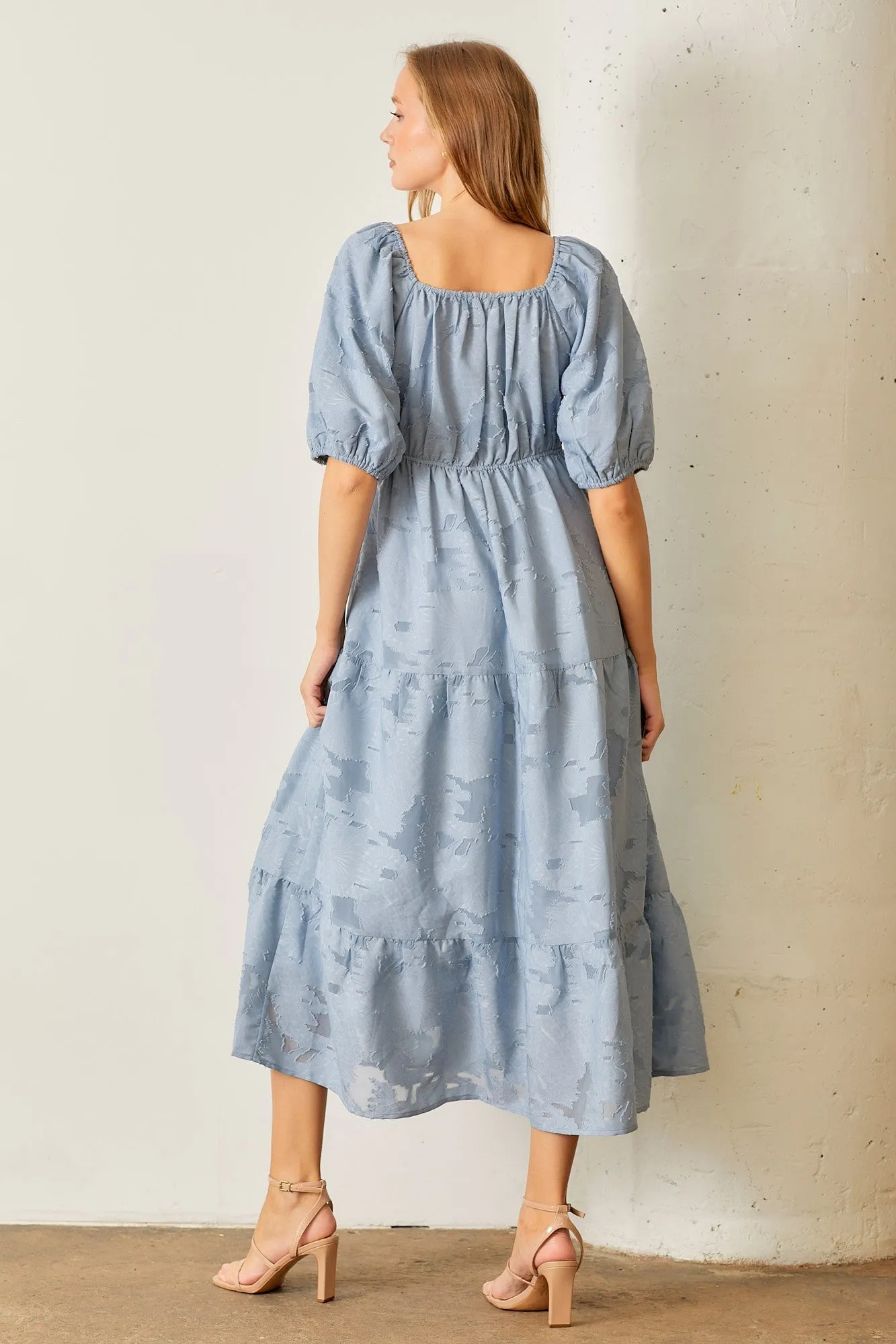 Blue Floral Textured Tiered Midi Dress sold by Pinkblush product image thumbnail 3