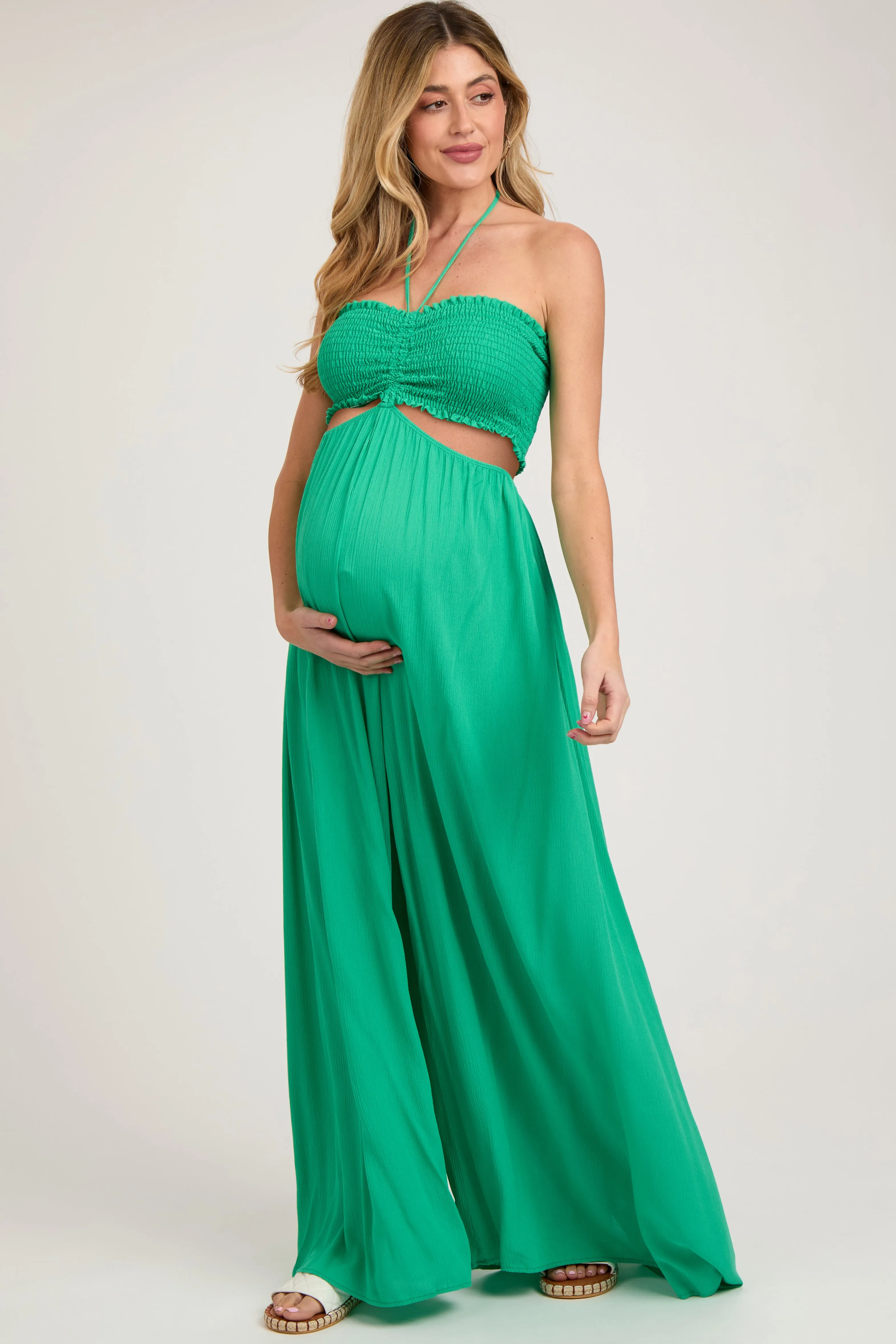 Green Smocked Drawstring Halter Side Cutout Maternity Jumpsuit sold by Pinkblush