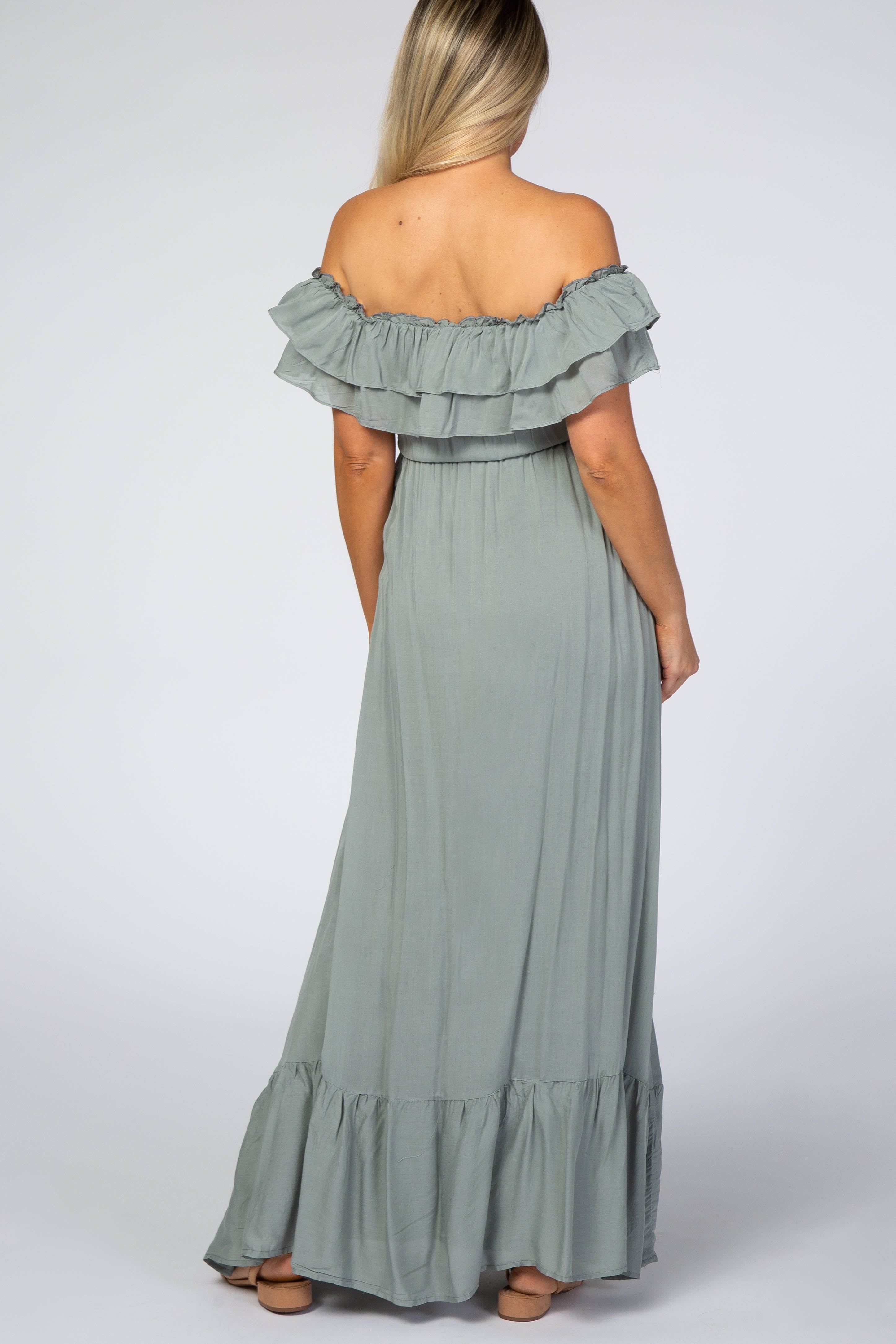 Sage Off Shoulder Tassel Tie Maternity Maxi Dress sold by Pinkblush product image thumbnail 3