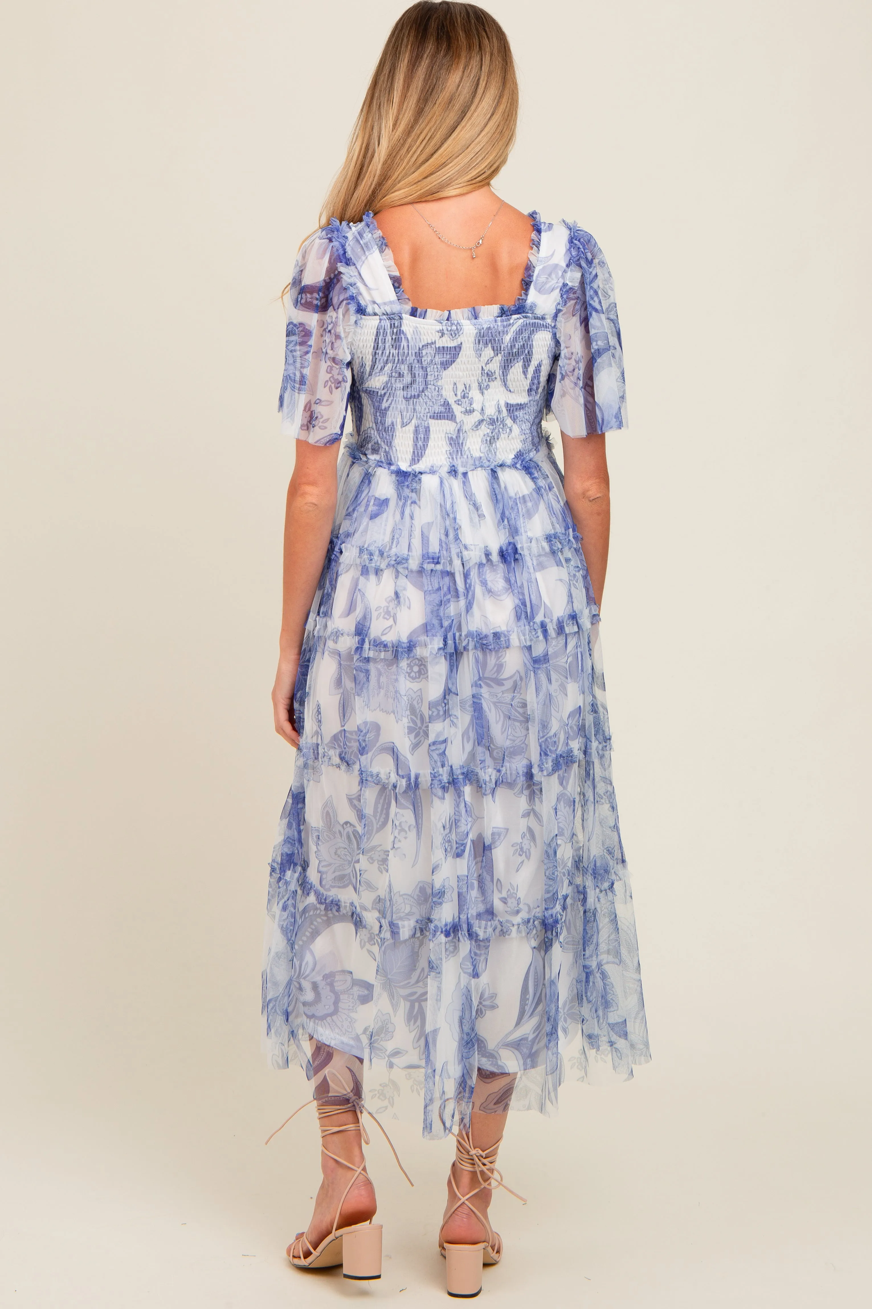 White Floral Smocked Tulle Maternity Maxi Dress sold by Pinkblush product image thumbnail 4