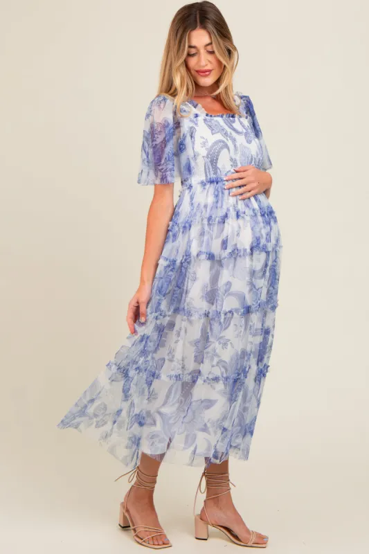 White Floral Smocked Tulle Maternity Maxi Dress sold by Pinkblush