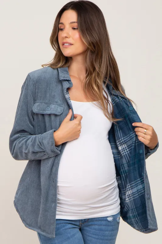 Navy Blue Reversible Maternity Shirt Jacket sold by Pinkblush