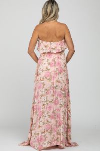 Pink Floral Strapless Ruffle Front Maternity Maxi Dress sold by Pinkblush
