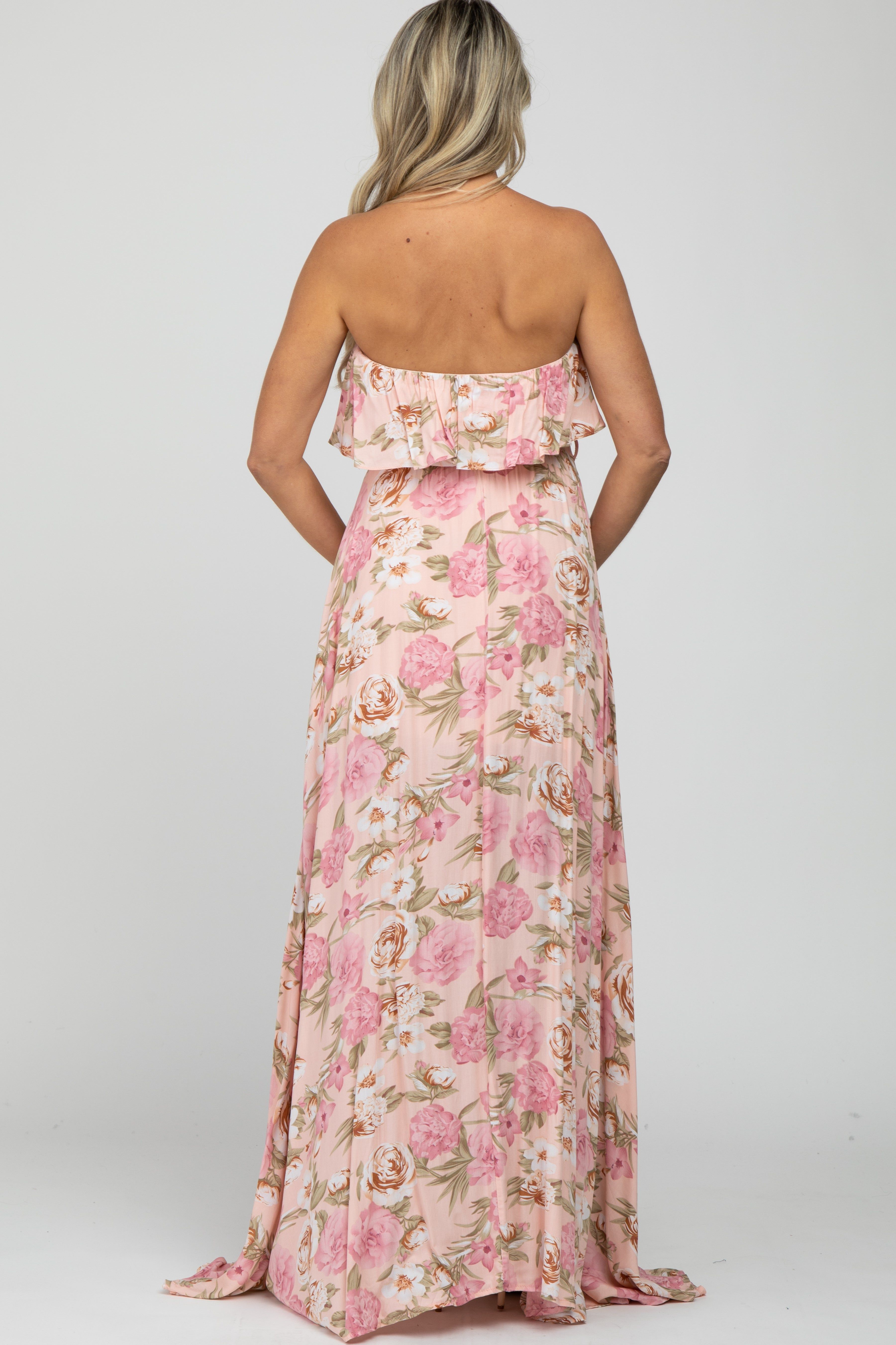 Pink Floral Strapless Ruffle Front Maternity Maxi Dress sold by Pinkblush product image thumbnail 3