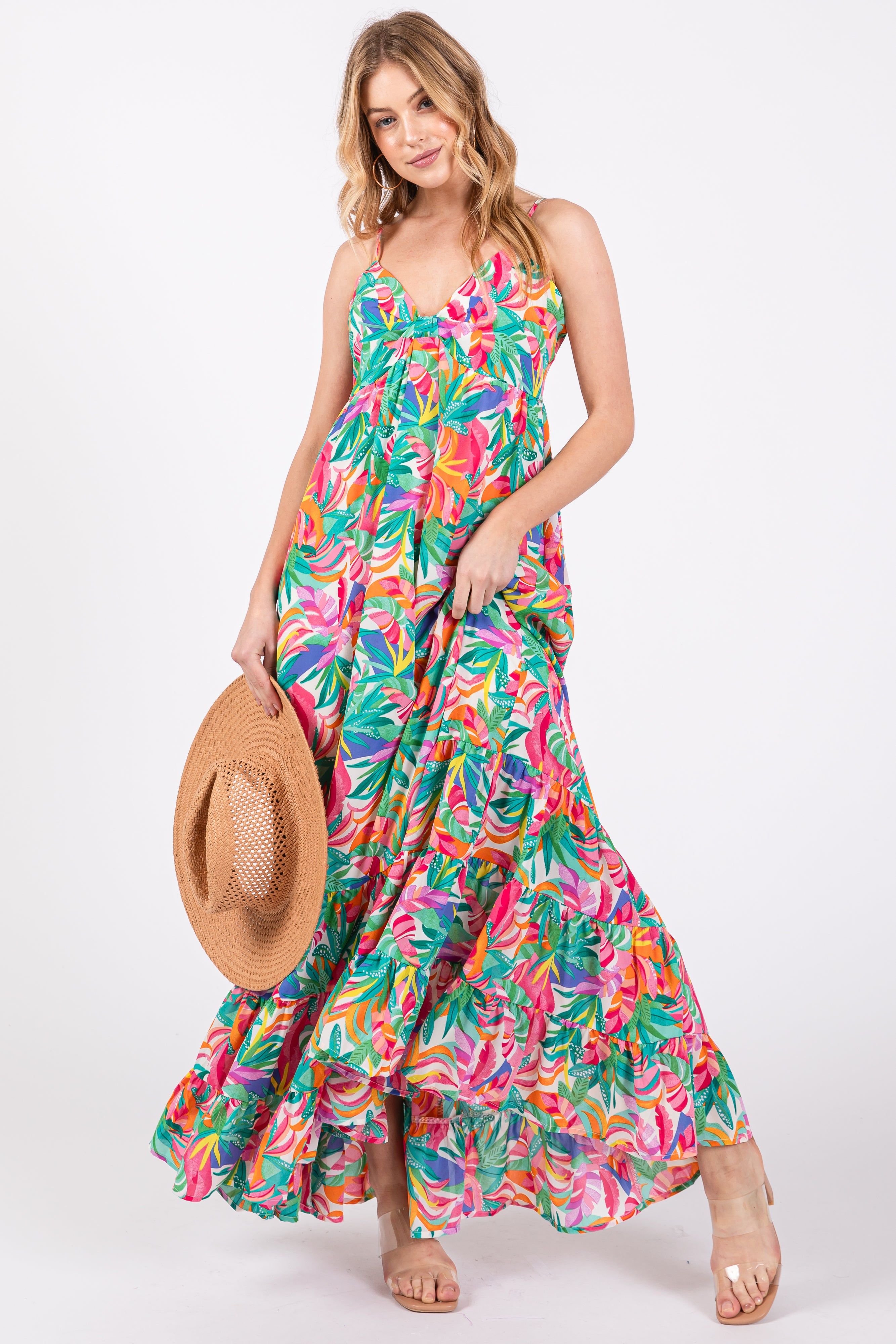 Green Floral Sleeveless Ruffle Hem Maxi Dress sold by Pinkblush