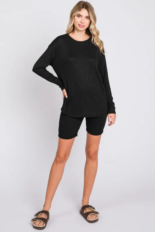 Black Ribbed Long Sleeve Shorts Set sold by Pinkblush