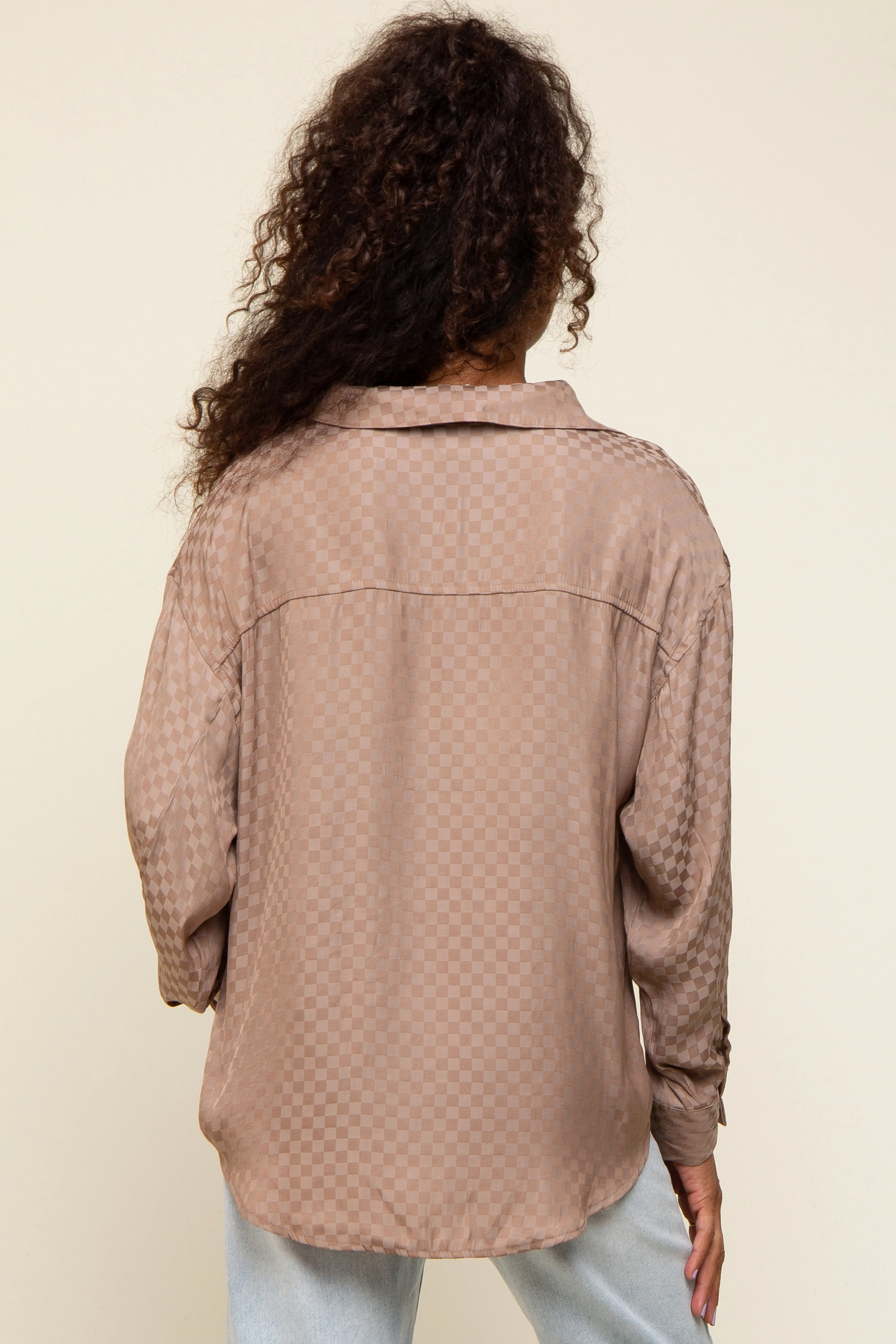 Brown Satin Checkered Button-Down Long Sleeve Top sold by Pinkblush product image thumbnail 3