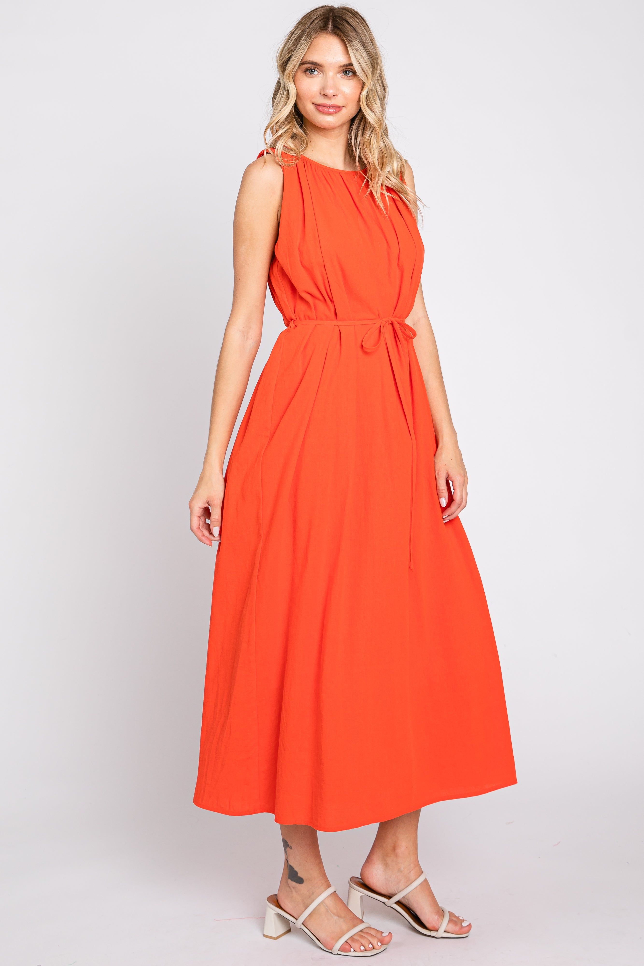 Coral Shirred Waist Tie Midi Dress sold by Pinkblush product image thumbnail 2