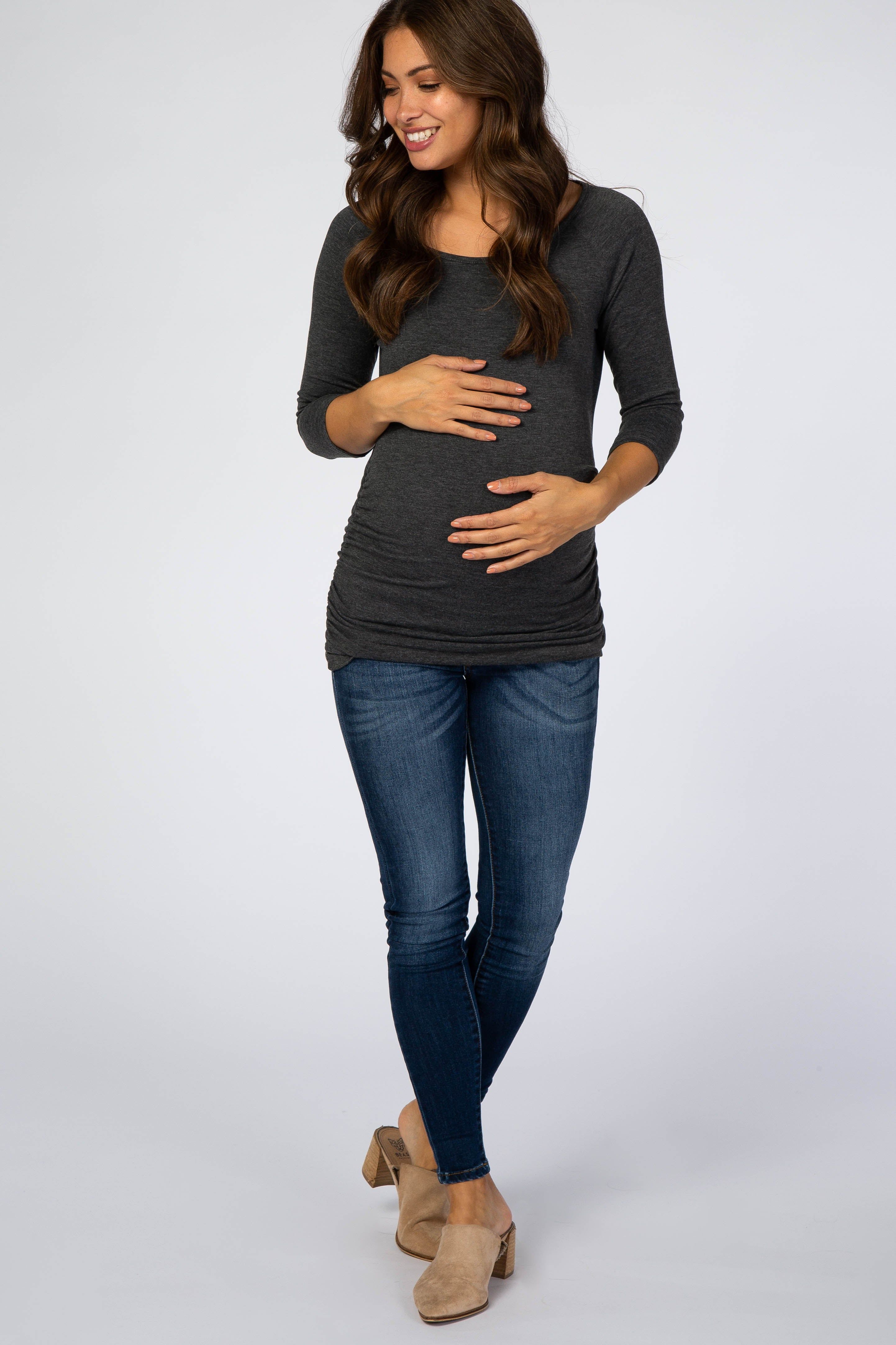 Charcoal Basic Ruched Fitted Maternity Top sold by Pinkblush product image thumbnail 2