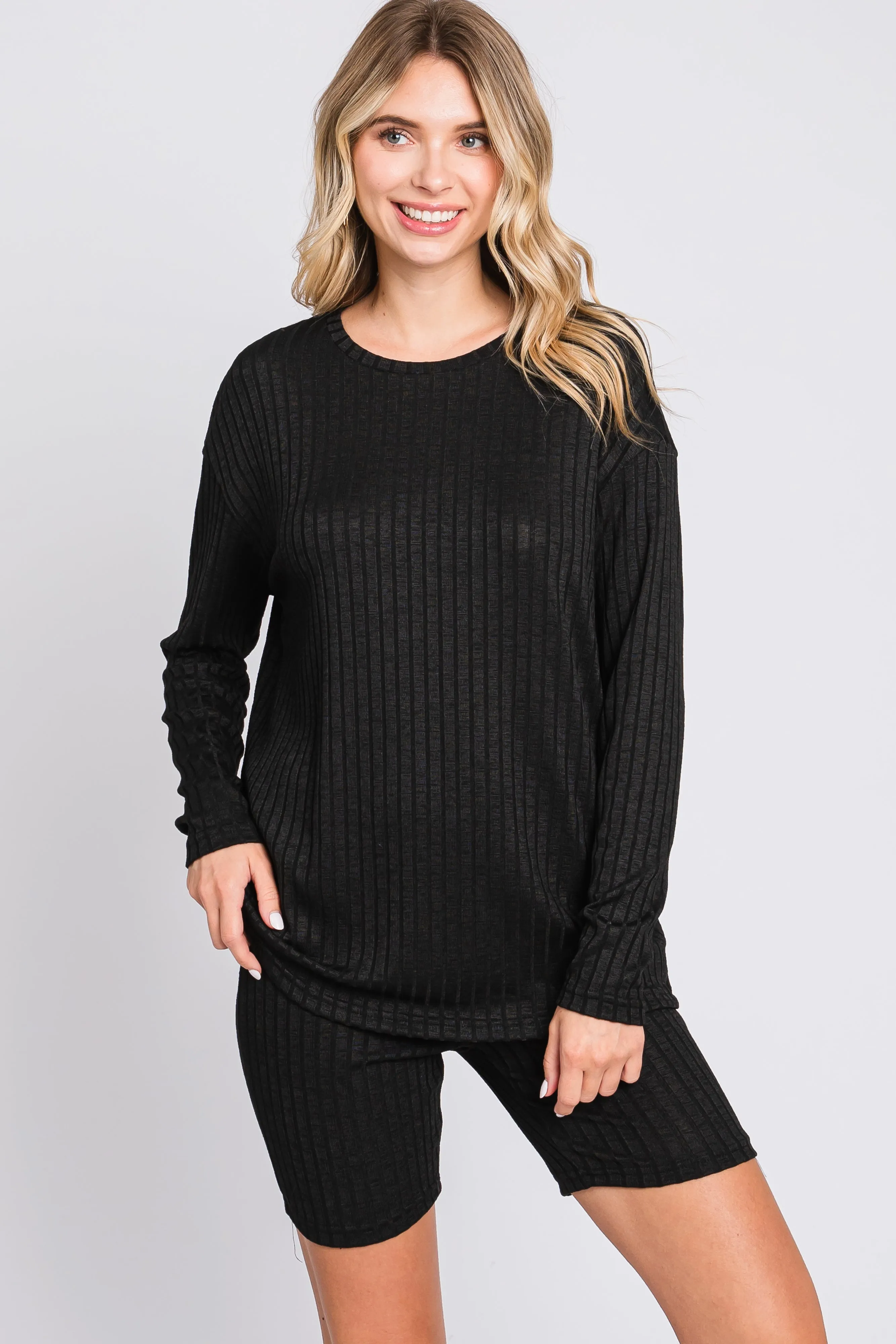 Black Ribbed Long Sleeve Shorts Set sold by Pinkblush product image thumbnail 2