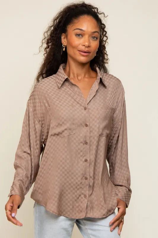Brown Satin Checkered Button-Down Long Sleeve Top sold by Pinkblush