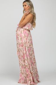 Pink Floral Strapless Ruffle Front Maternity Maxi Dress sold by Pinkblush