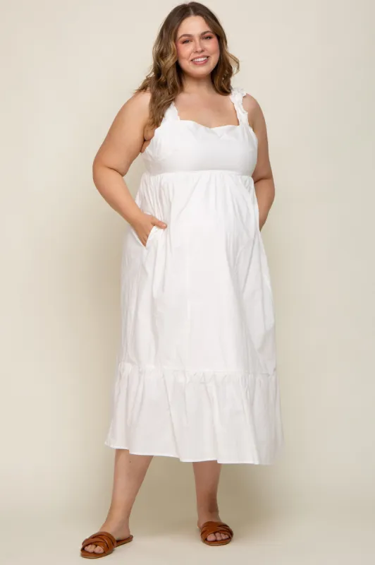 White Ruffle Strap Back Tie Maternity Plus Midi Dress sold by Pinkblush