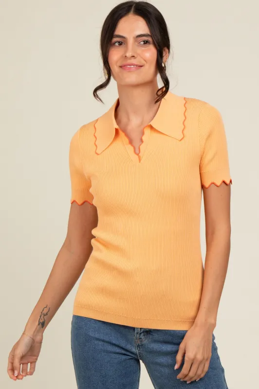 Peach Ribbed Scallop Trim Split V-Neck Short Sleeve Top sold by Pinkblush