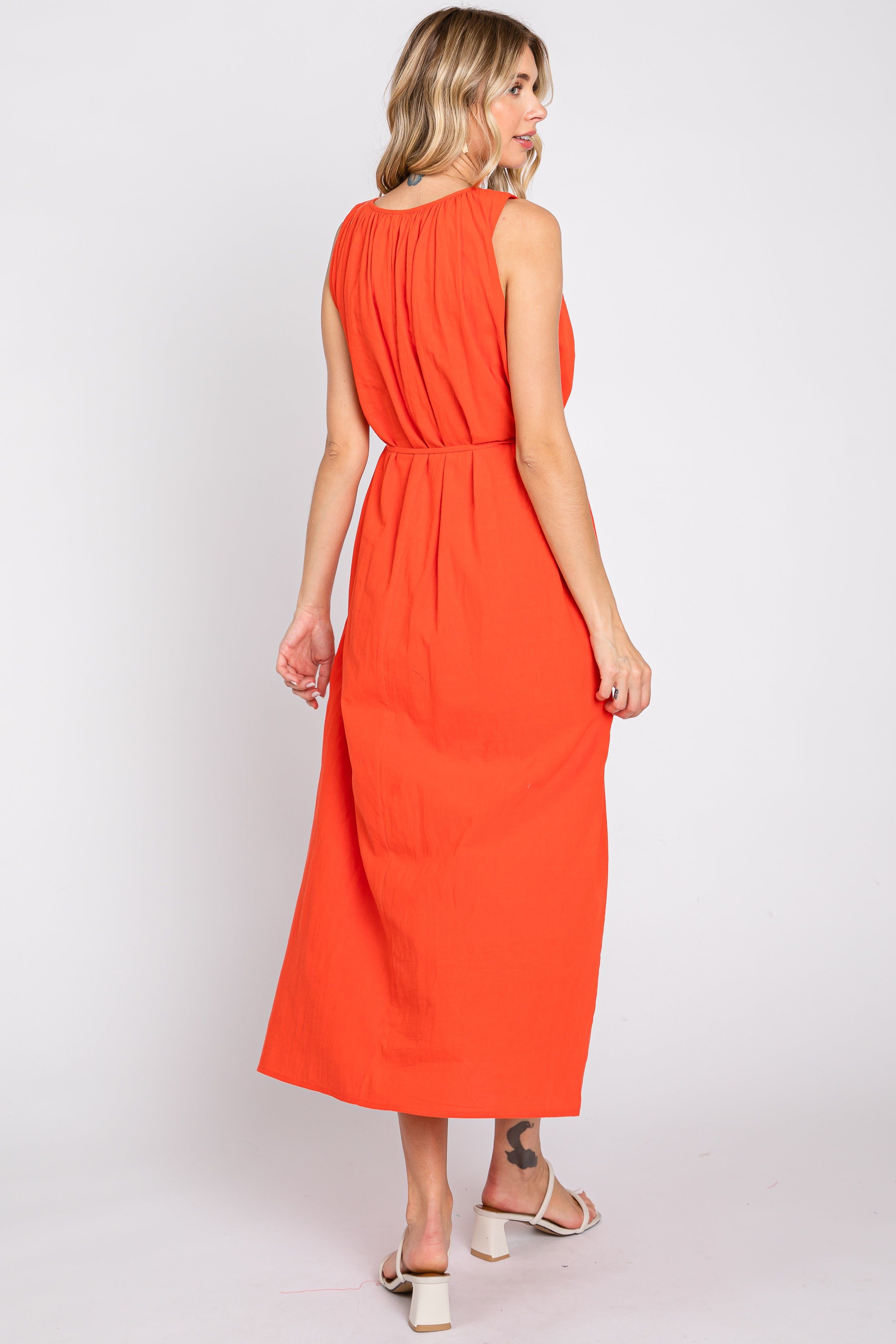 Coral Shirred Waist Tie Midi Dress sold by Pinkblush product image thumbnail 3