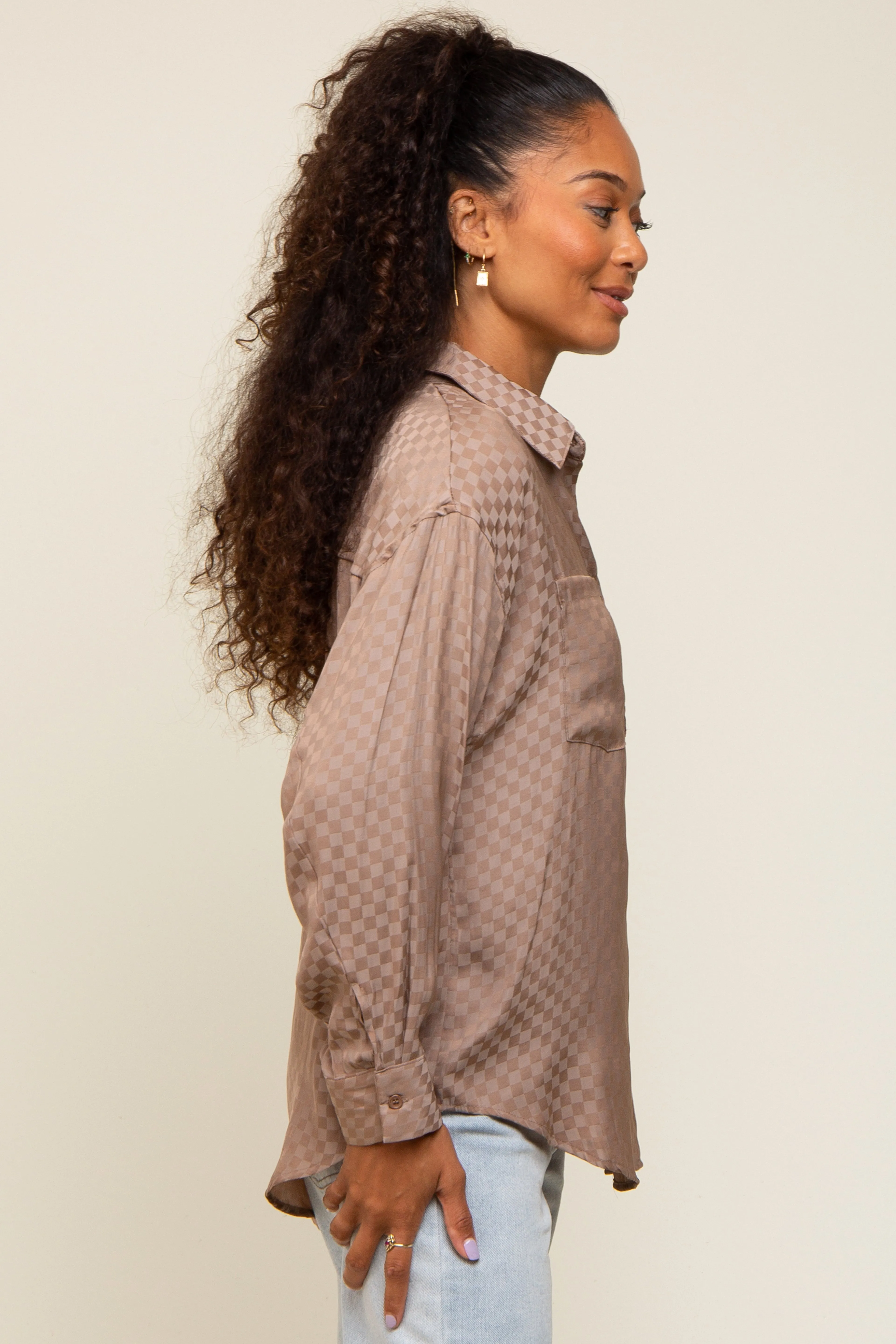 Brown Satin Checkered Button-Down Long Sleeve Top sold by Pinkblush product image thumbnail 2