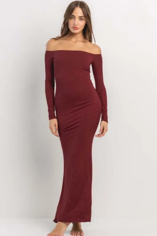 Burgundy Ribbed Off Shoulder Long Sleeve Maxi Dress sold by Pinkblush