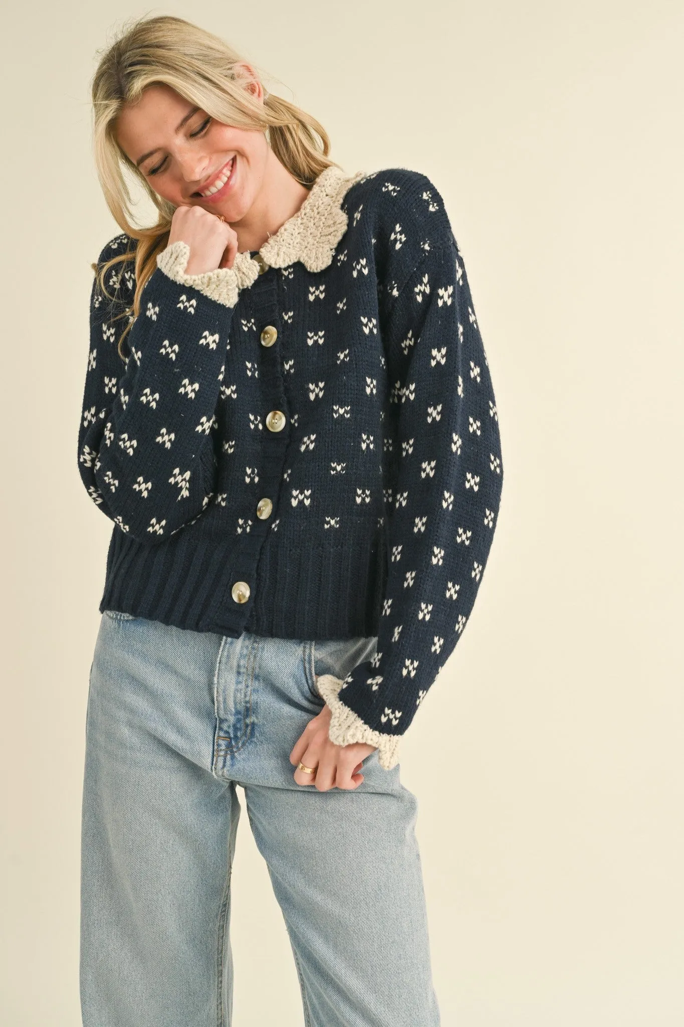 Navy Doll Collar Button Up Sweater Cardigan sold by Pinkblush product image thumbnail 3